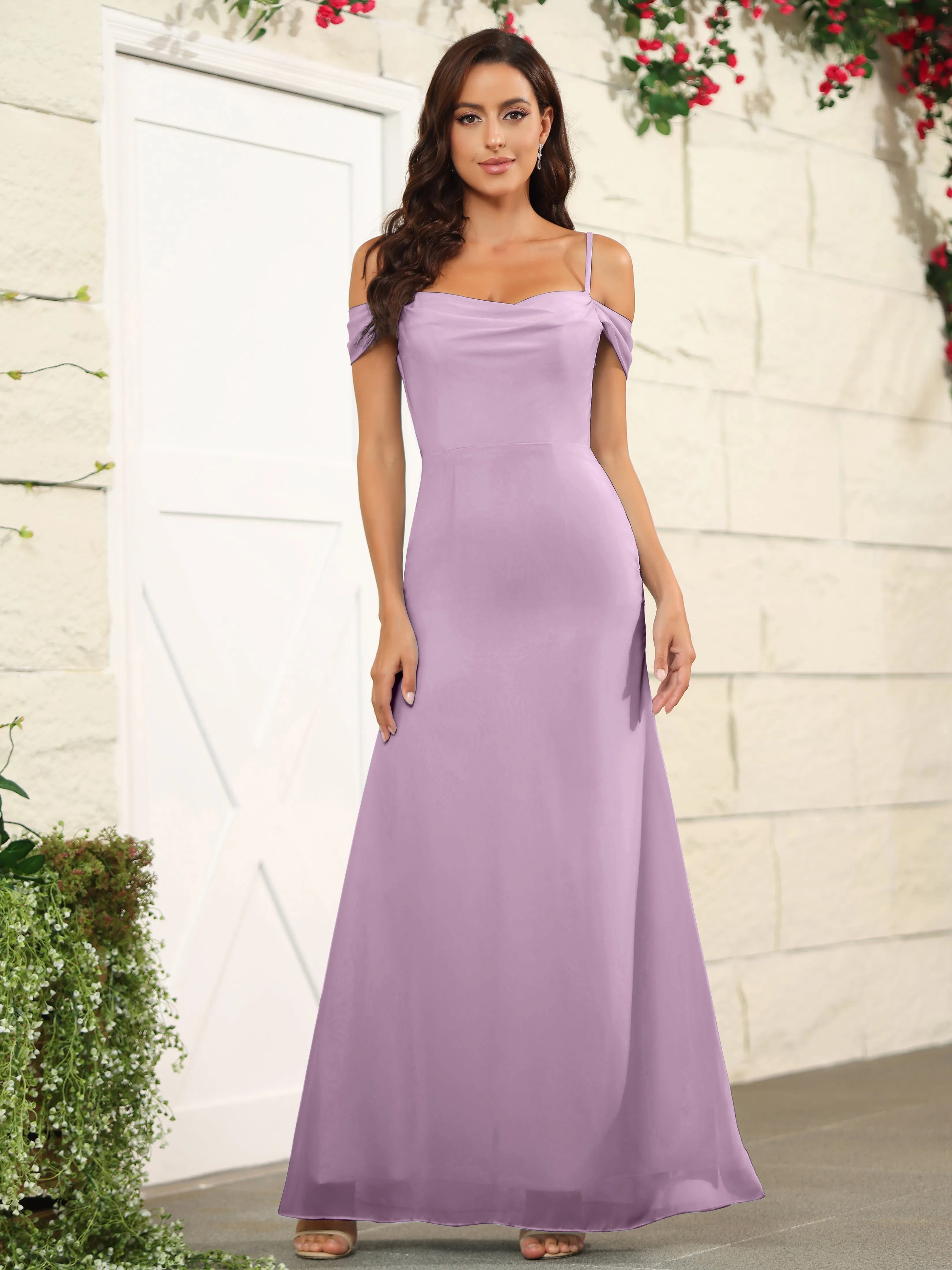 Off The Shoulder Spaghetti Straps Chiffon Bridesmaid Dress with Slit