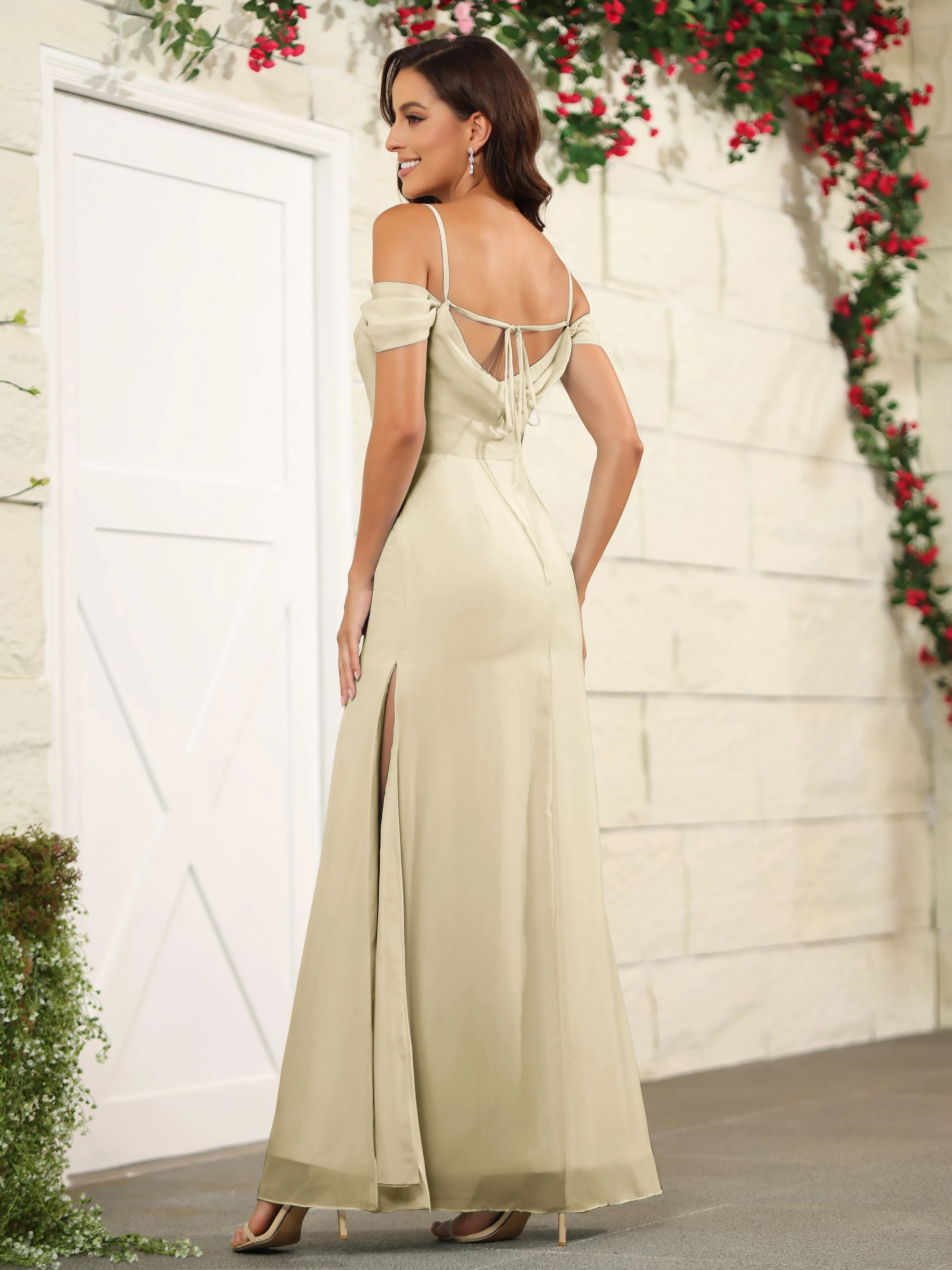 Off The Shoulder Spaghetti Straps Chiffon Bridesmaid Dress with Slit