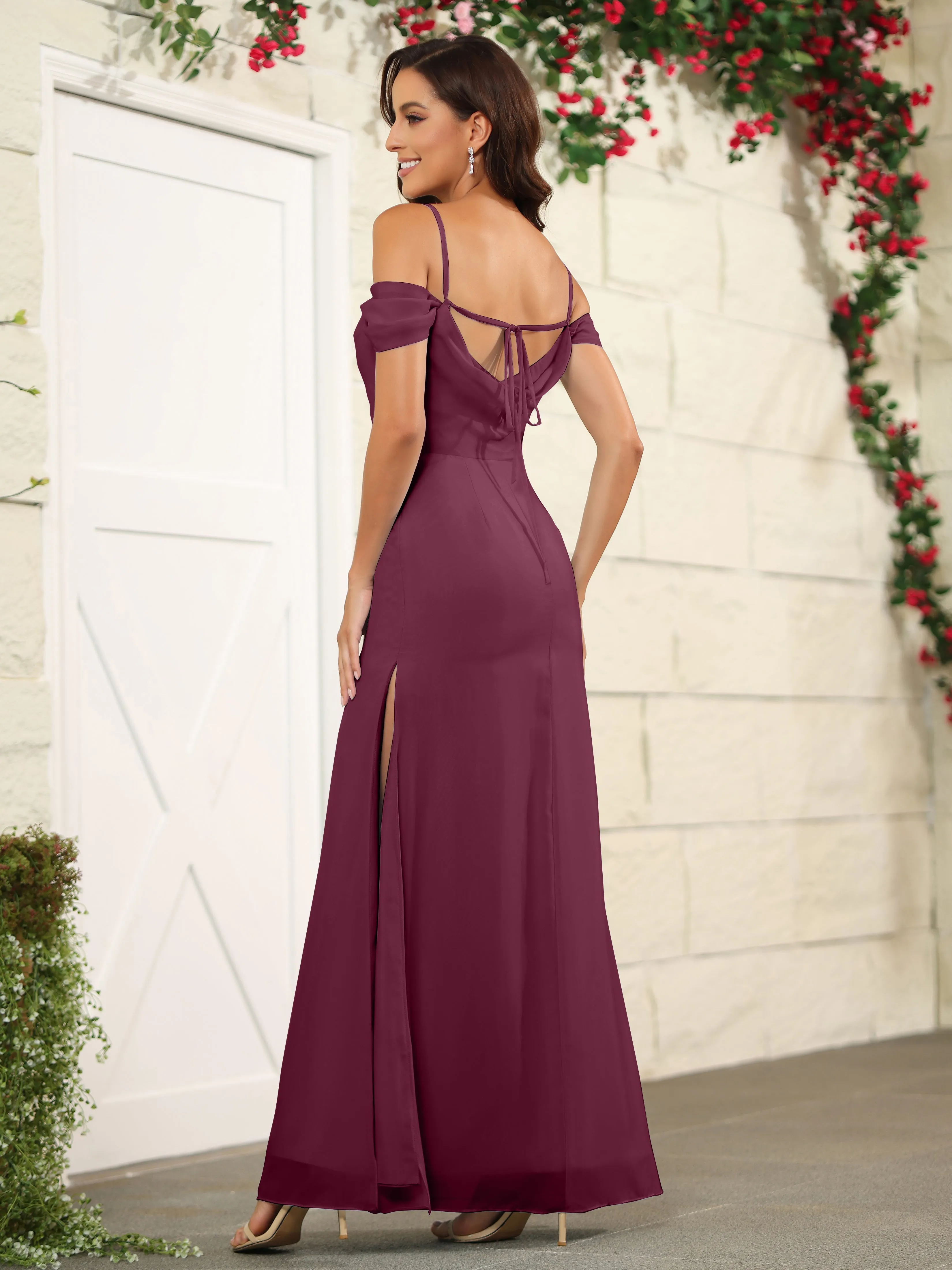 Off The Shoulder Spaghetti Straps Chiffon Bridesmaid Dress with Slit