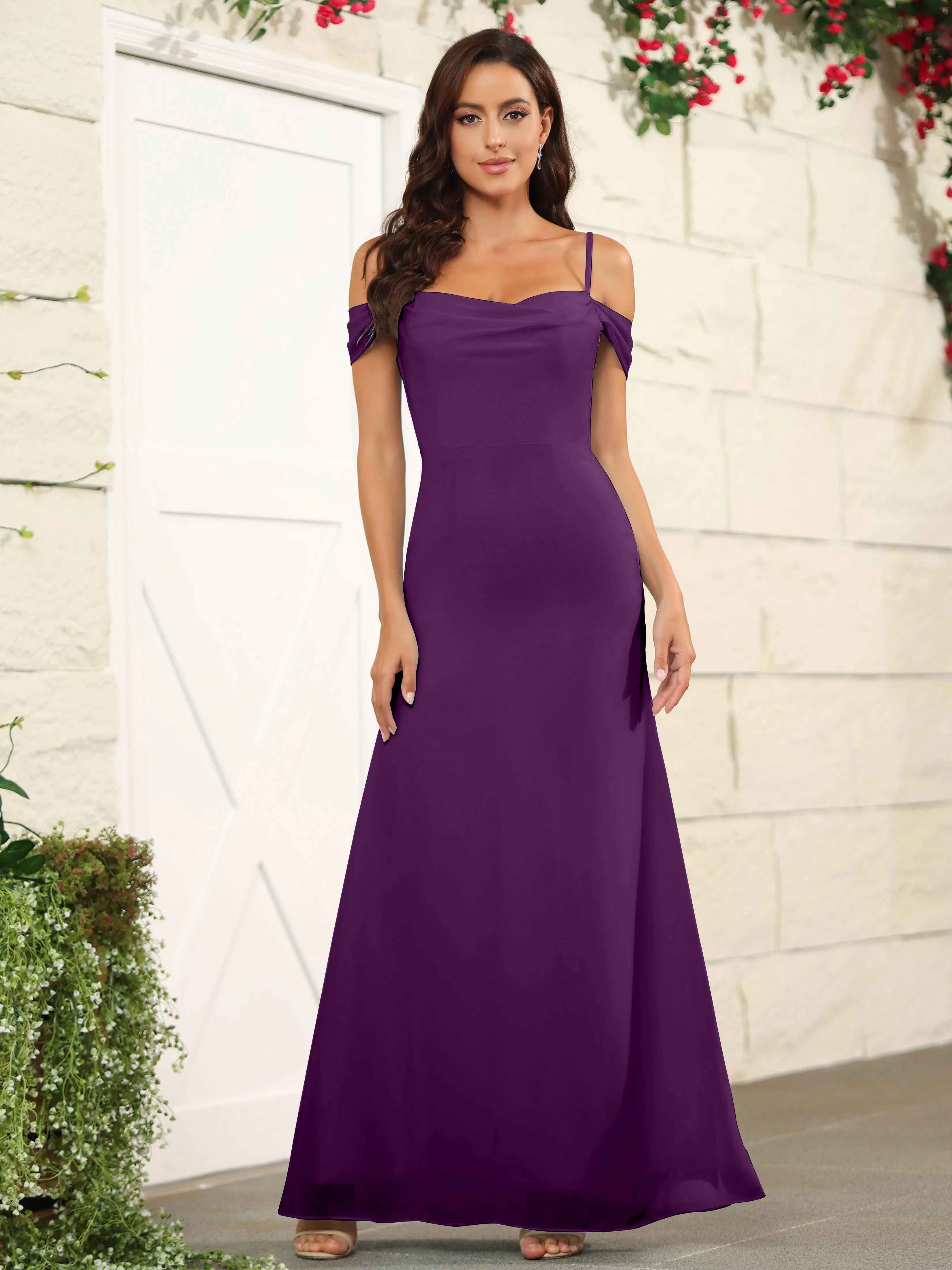 Off The Shoulder Spaghetti Straps Chiffon Bridesmaid Dress with Slit
