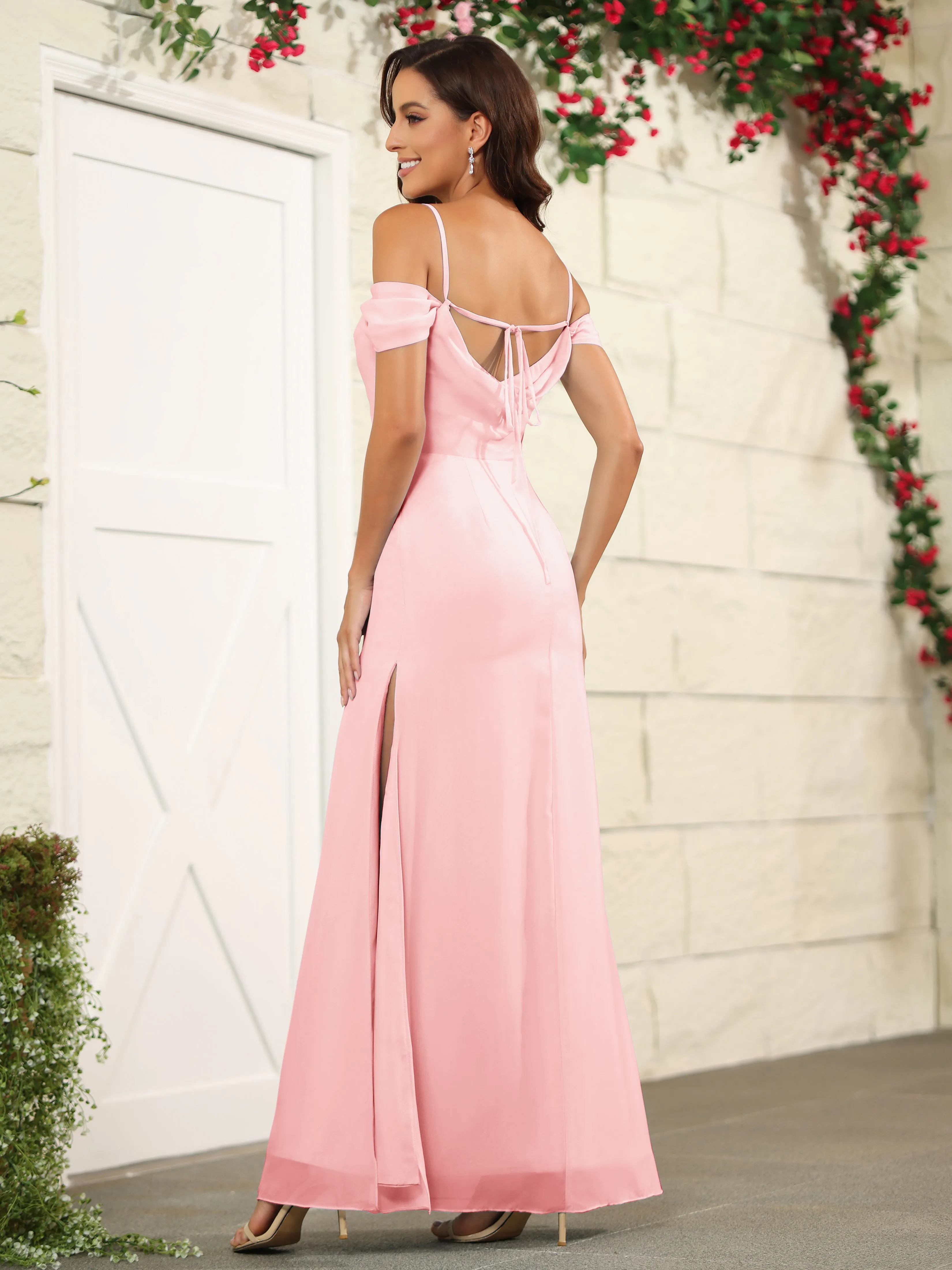 Off The Shoulder Spaghetti Straps Chiffon Bridesmaid Dress with Slit
