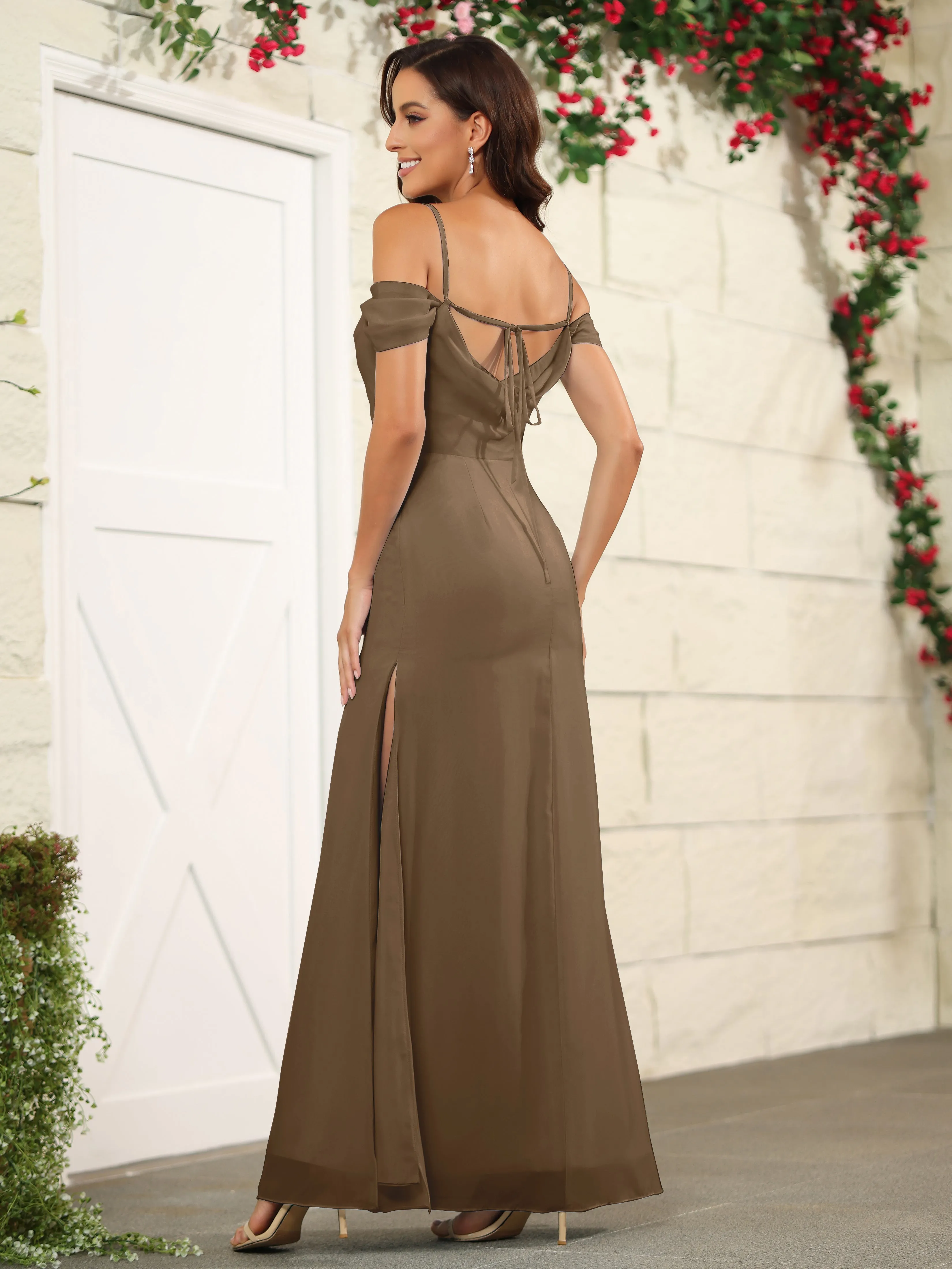 Off The Shoulder Spaghetti Straps Chiffon Bridesmaid Dress with Slit