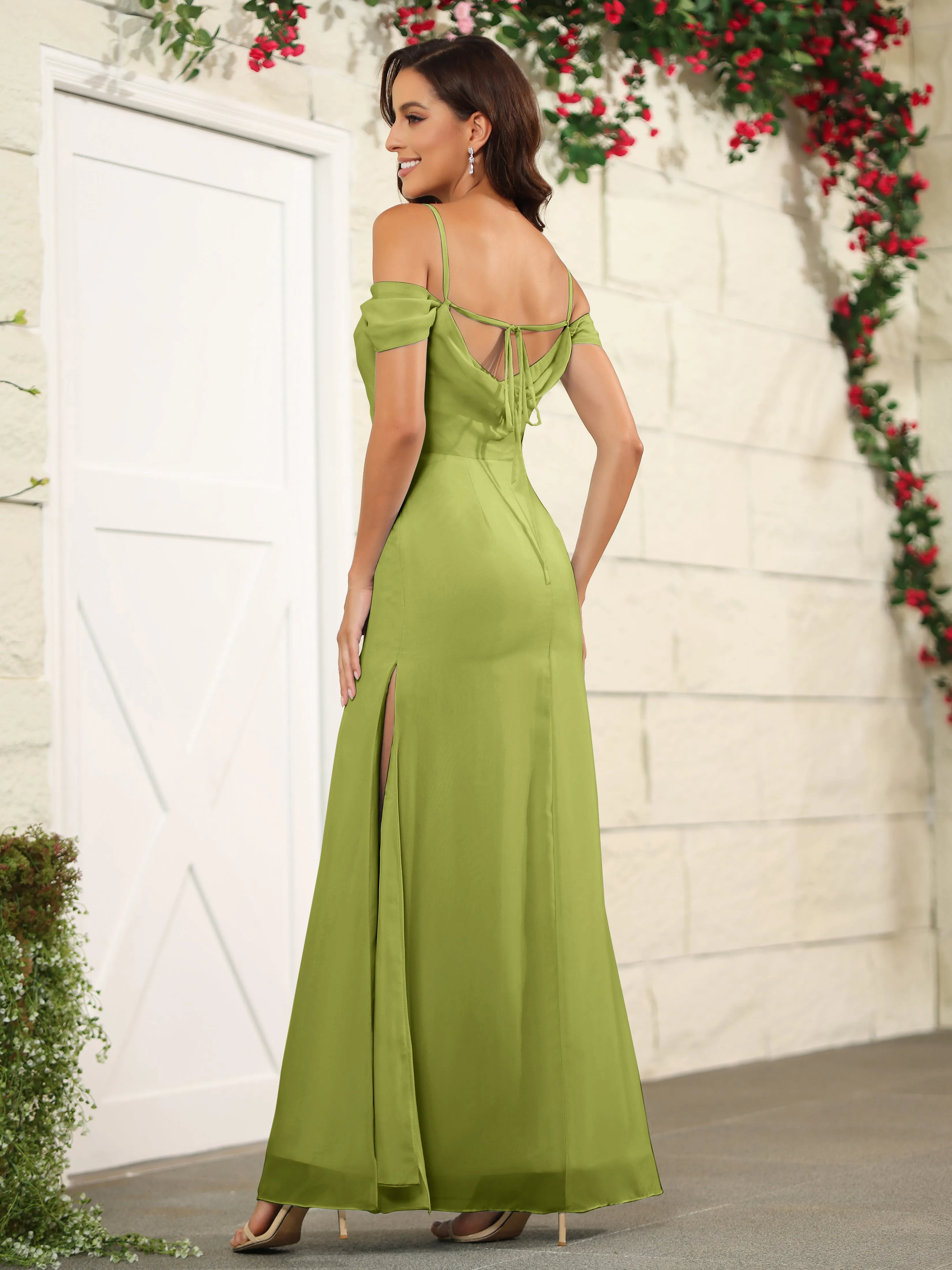 Off The Shoulder Spaghetti Straps Chiffon Bridesmaid Dress with Slit