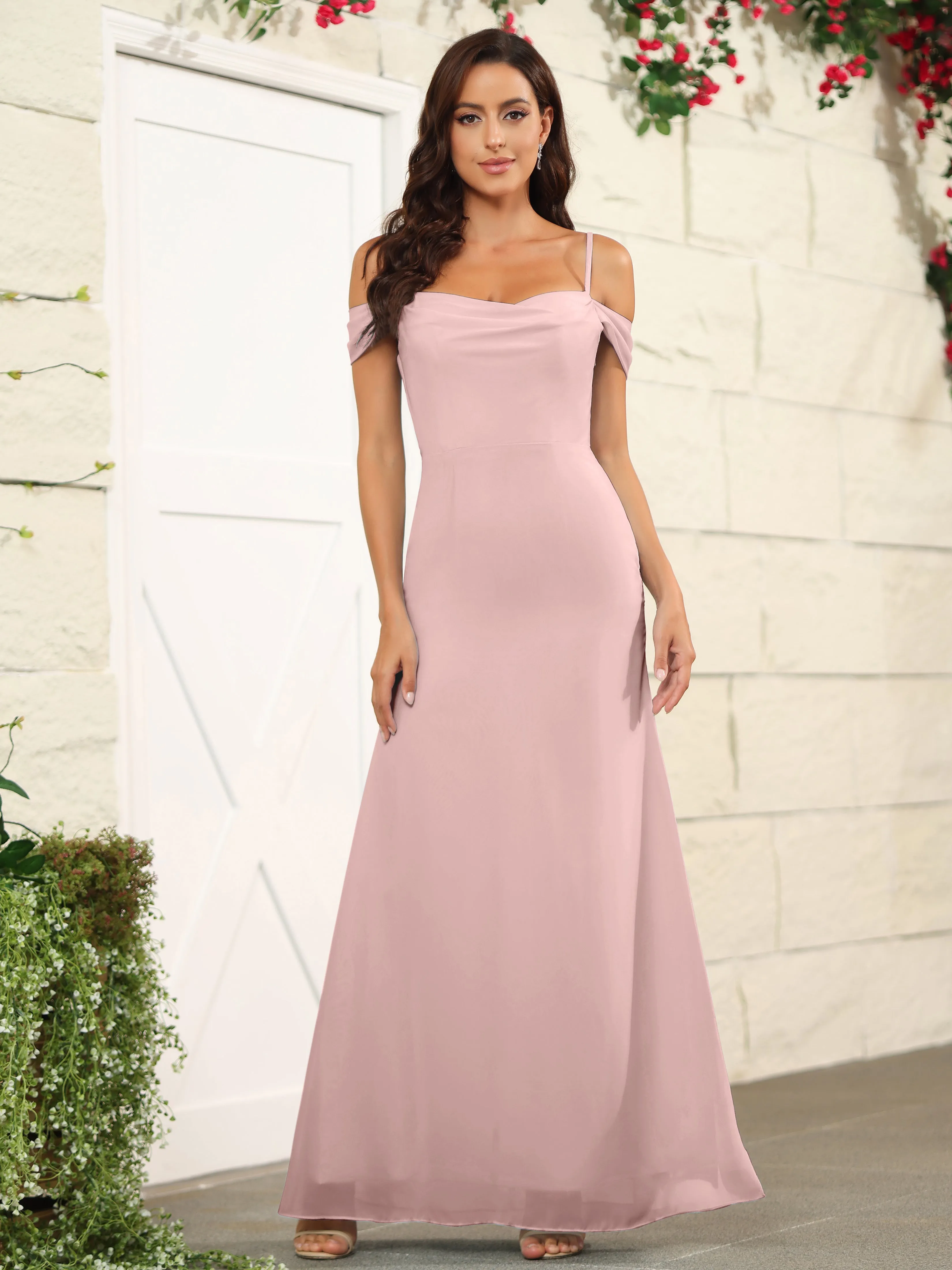 Off The Shoulder Spaghetti Straps Chiffon Bridesmaid Dress with Slit