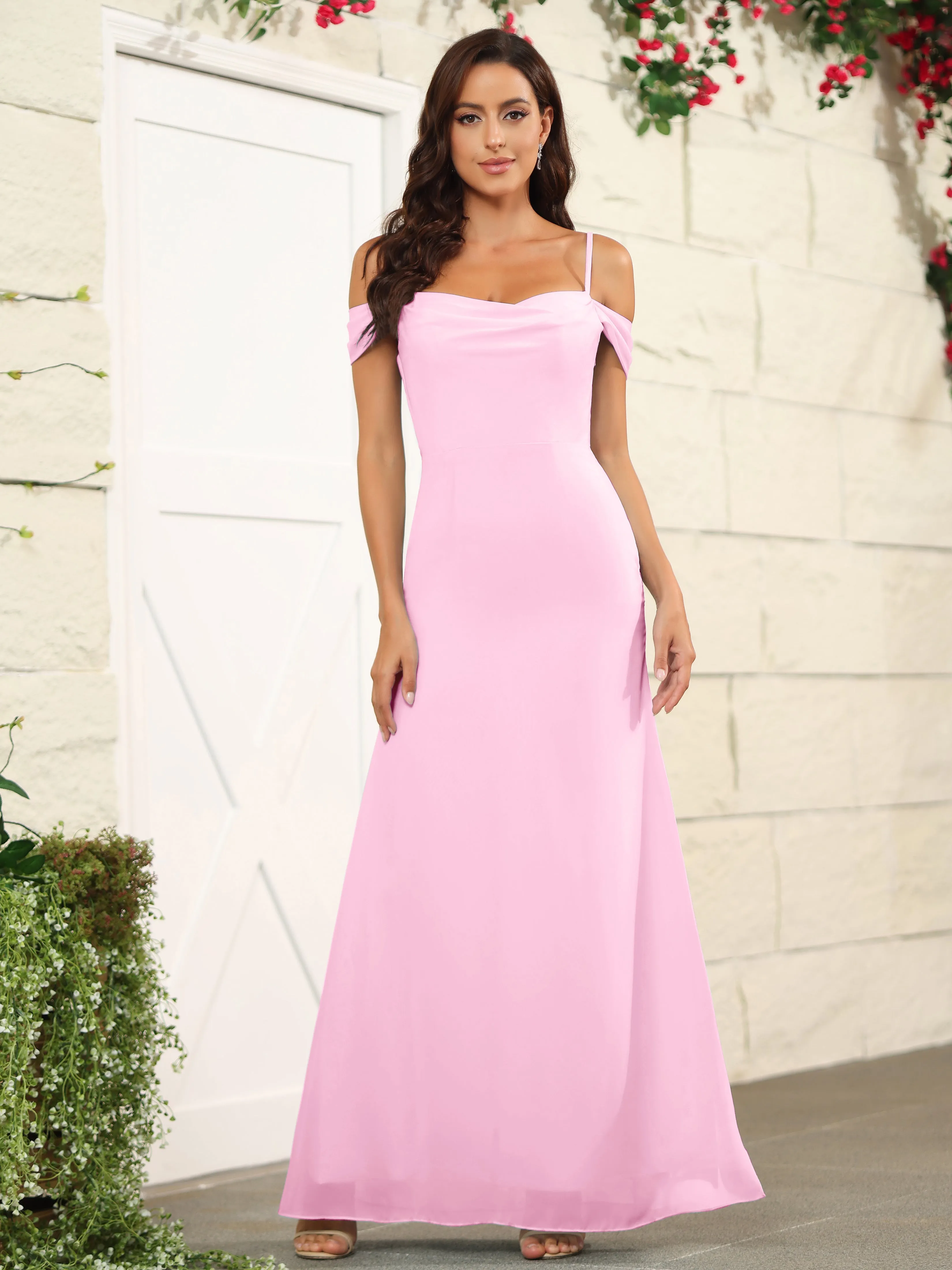 Off The Shoulder Spaghetti Straps Chiffon Bridesmaid Dress with Slit