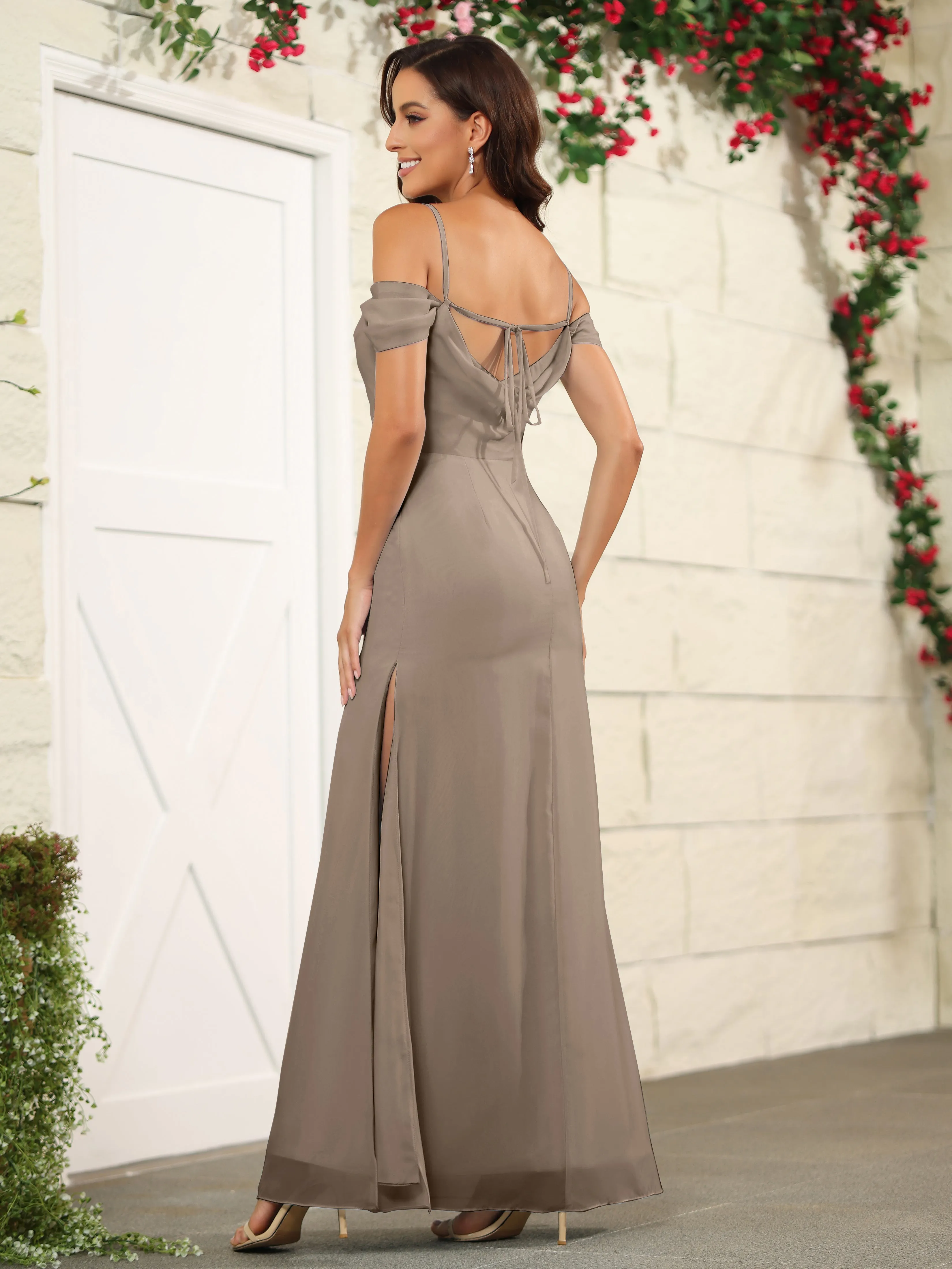 Off The Shoulder Spaghetti Straps Chiffon Bridesmaid Dress with Slit