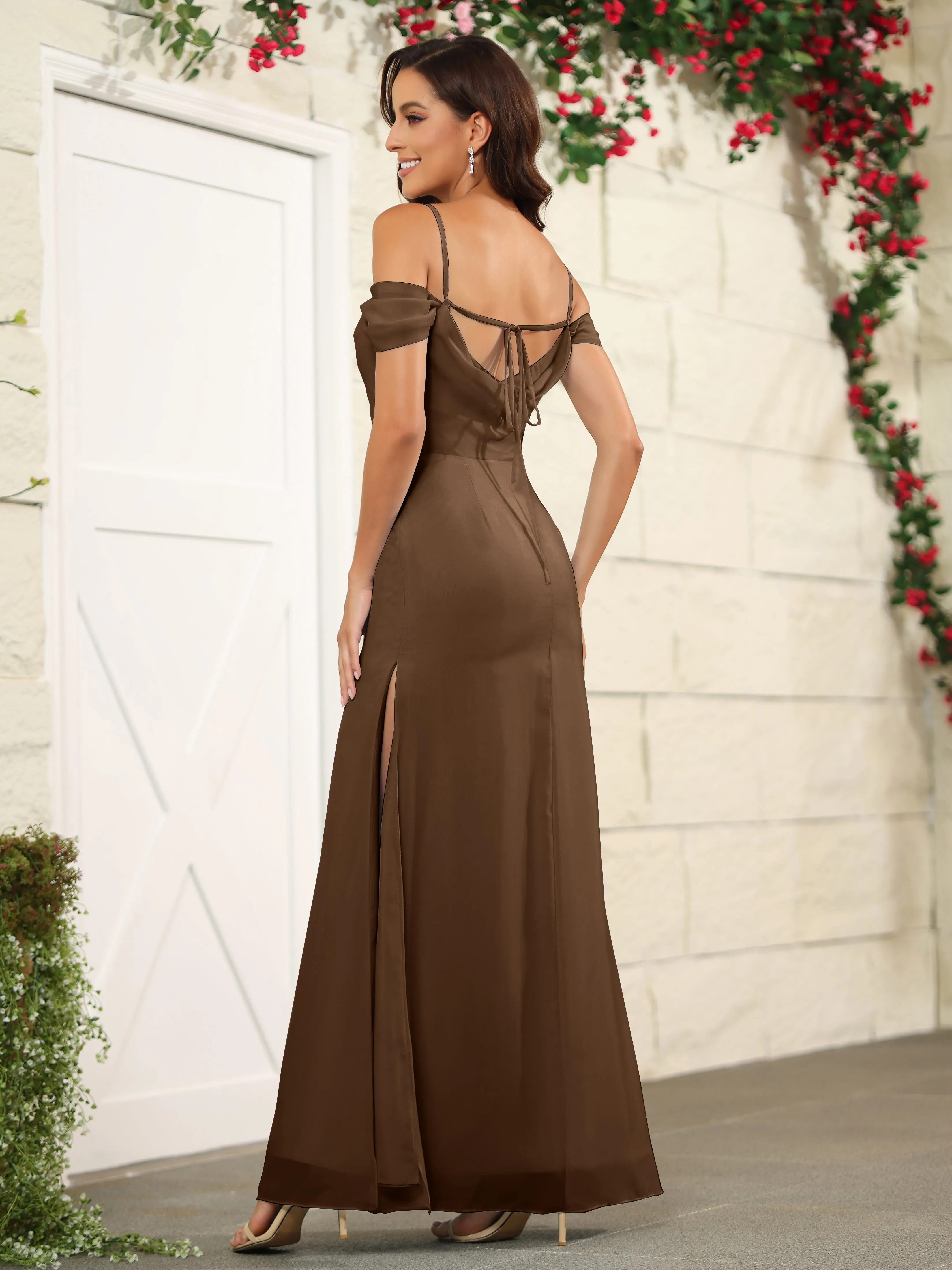 Off The Shoulder Spaghetti Straps Chiffon Bridesmaid Dress with Slit