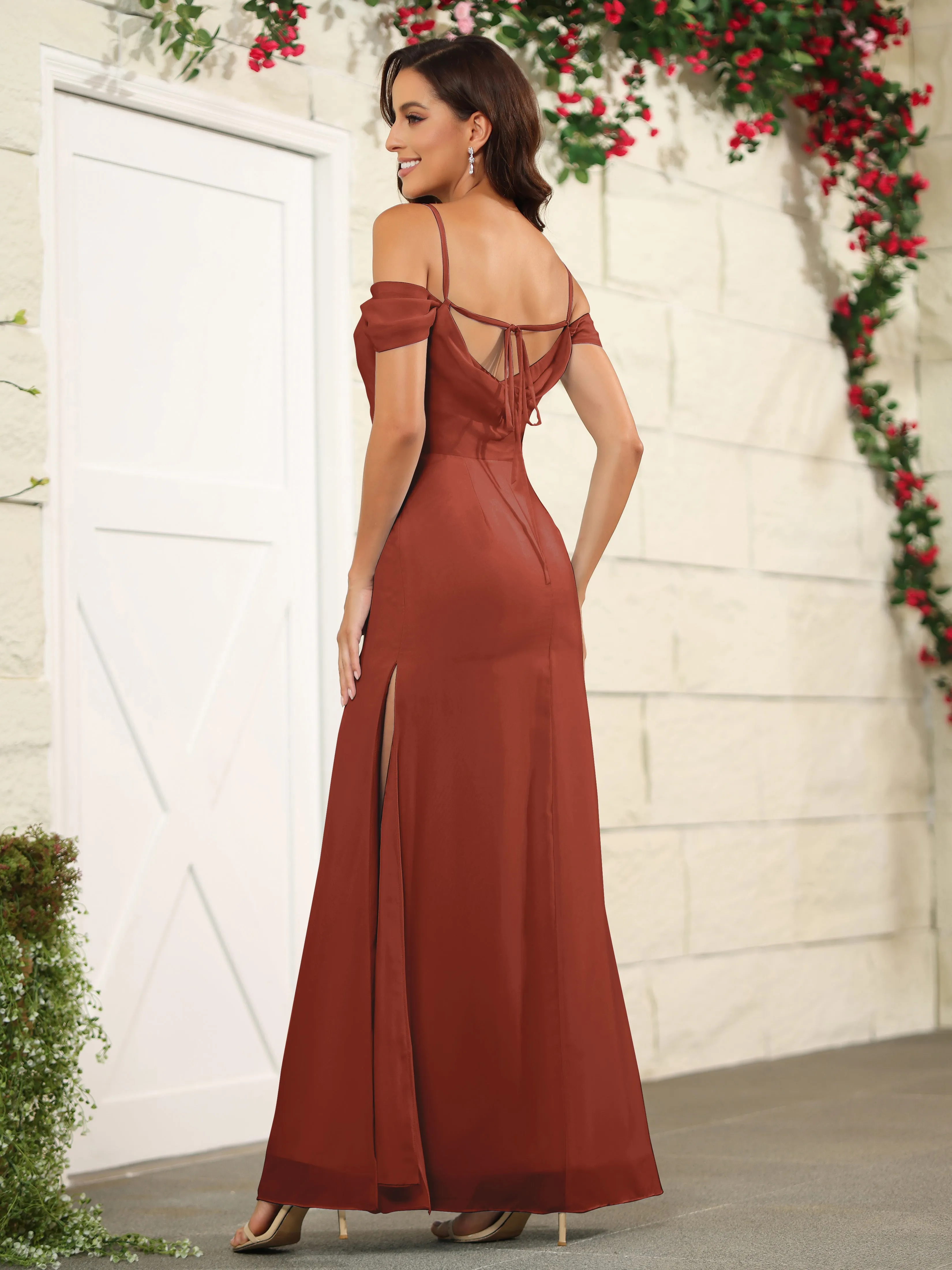 Off The Shoulder Spaghetti Straps Chiffon Bridesmaid Dress with Slit