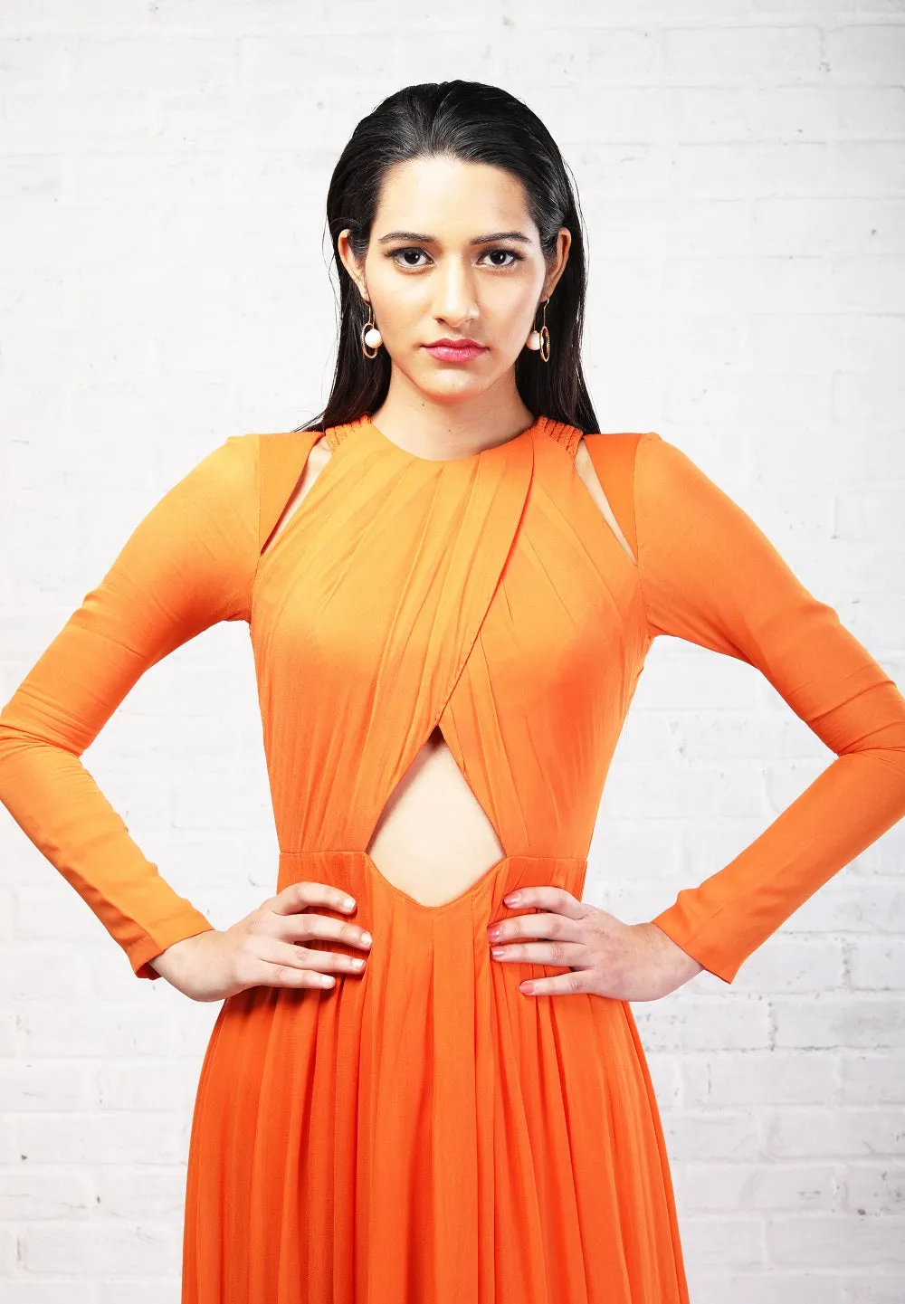 Orange Full Sleeve Cut out Gown