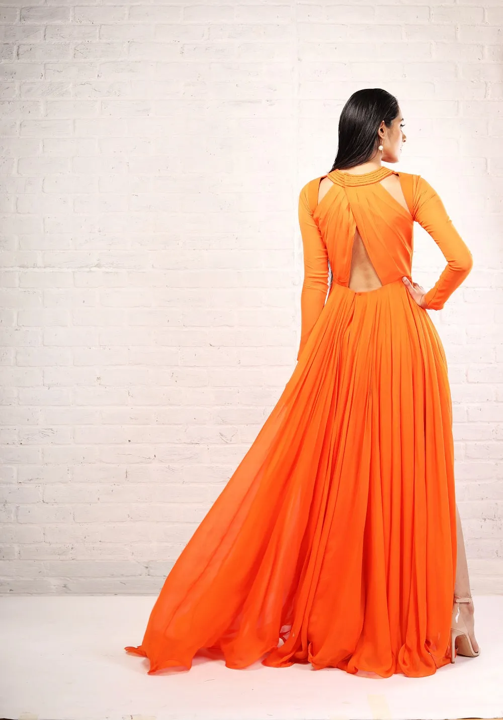 Orange Full Sleeve Cut out Gown
