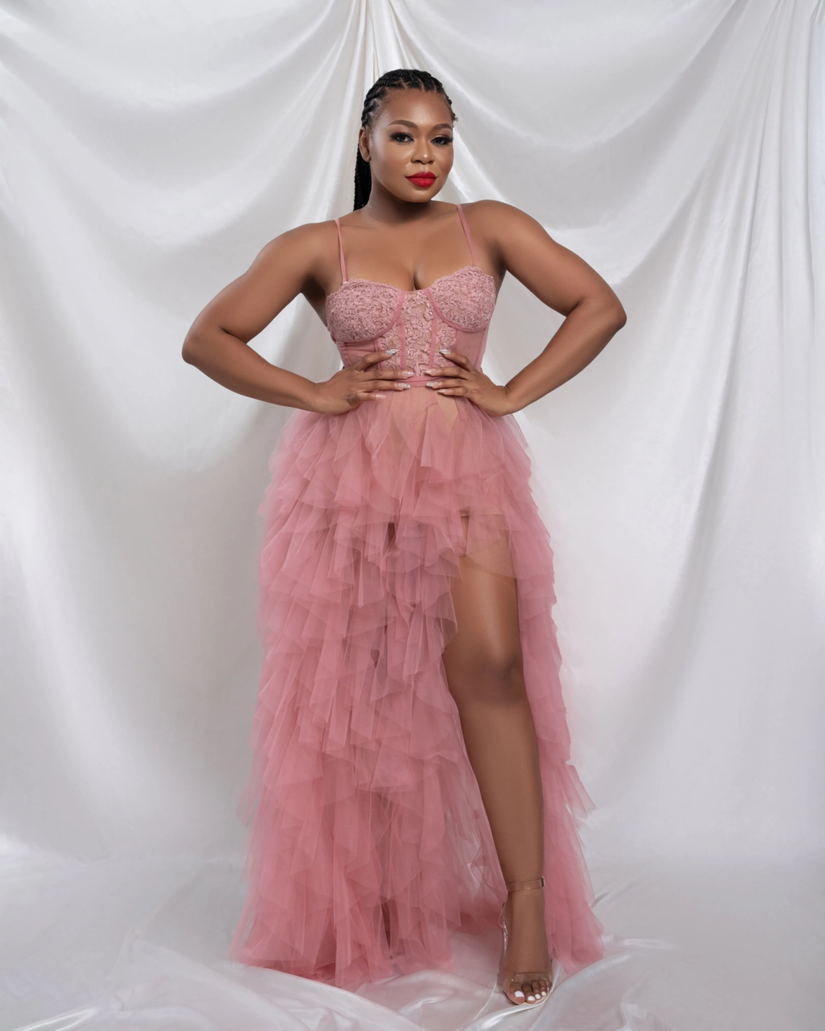 Oyemwen Valentine’s Day Mauve Pink High Slit Tiered Dress