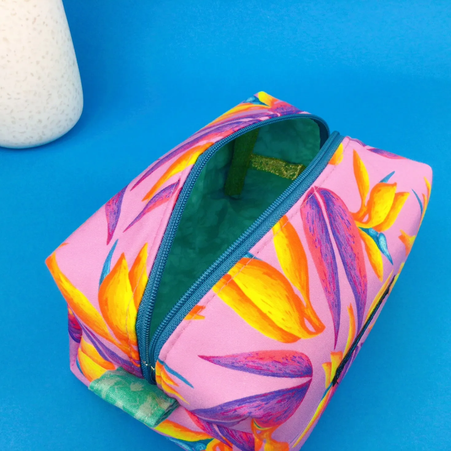 Paradise Birds Medium Box Makeup Bag. Kasey Rainbow Design.