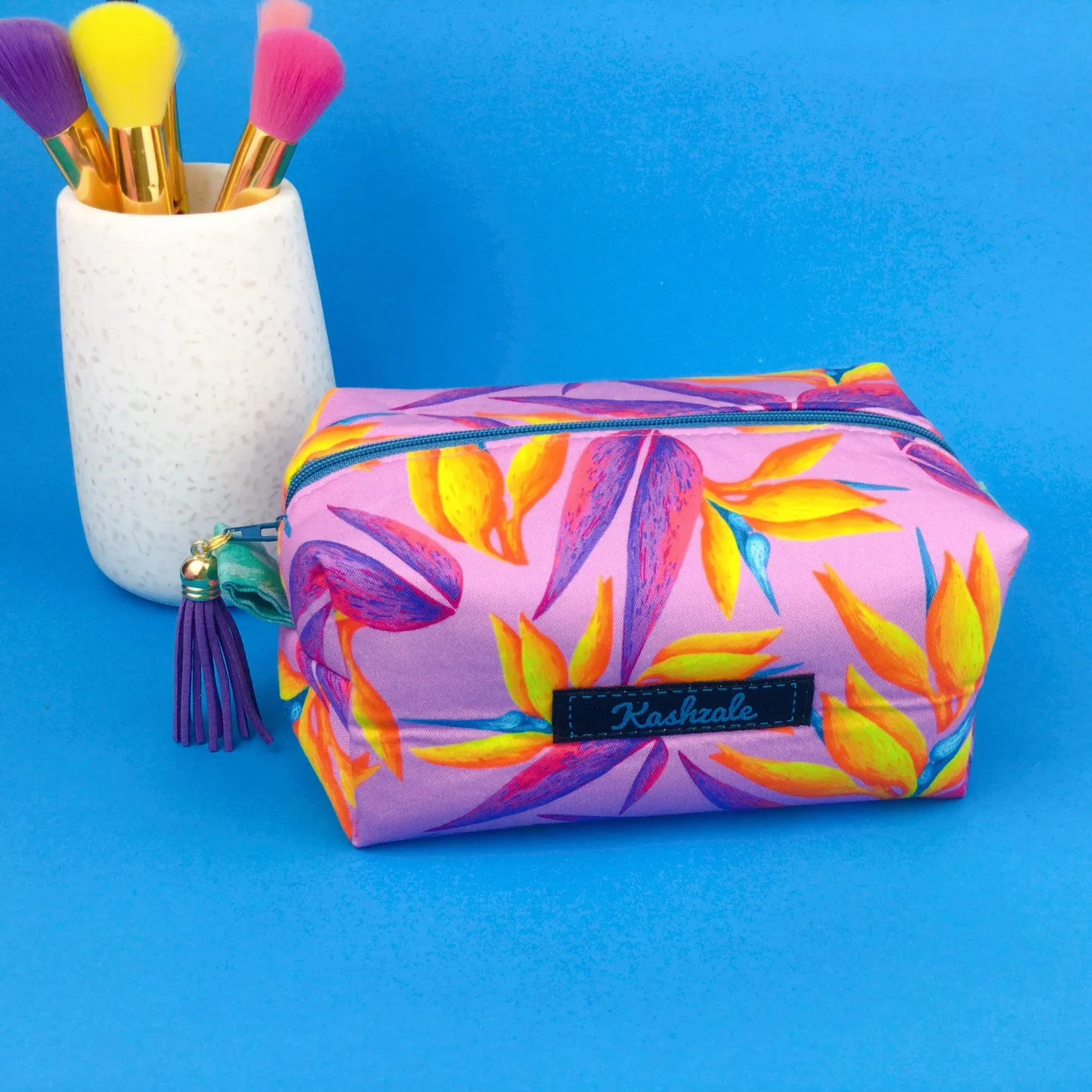 Paradise Birds Medium Box Makeup Bag. Kasey Rainbow Design.