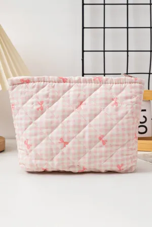 Pink Bow Knot Print Zipper Quilted Large Cosmetic Bag