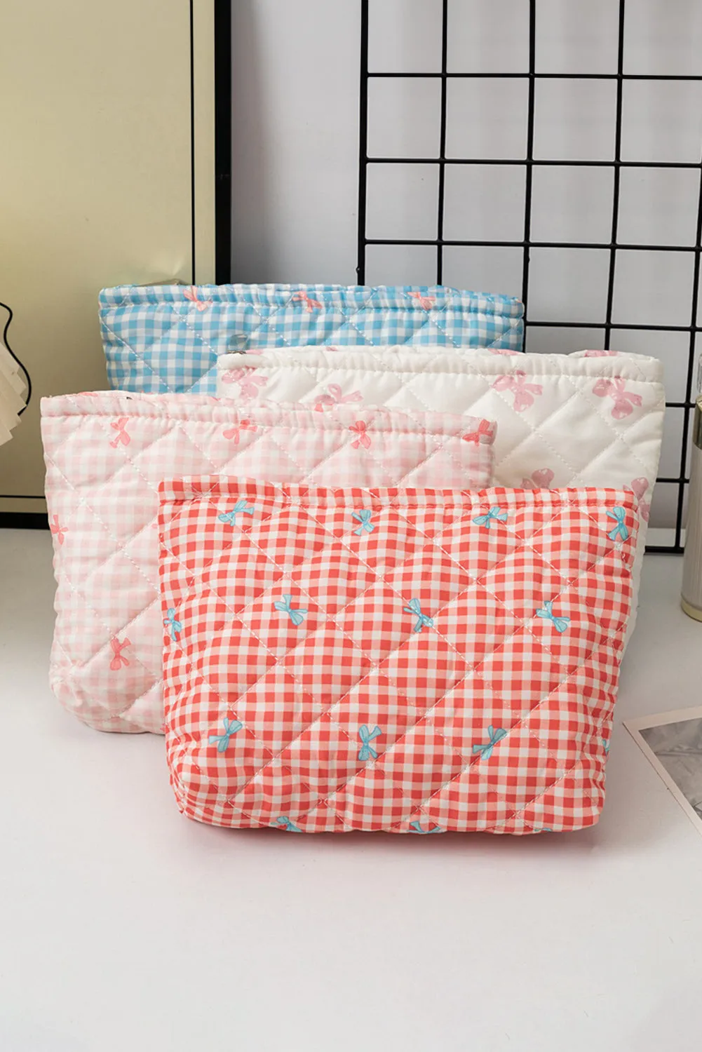 Pink Bow Knot Print Zipper Quilted Large Cosmetic Bag