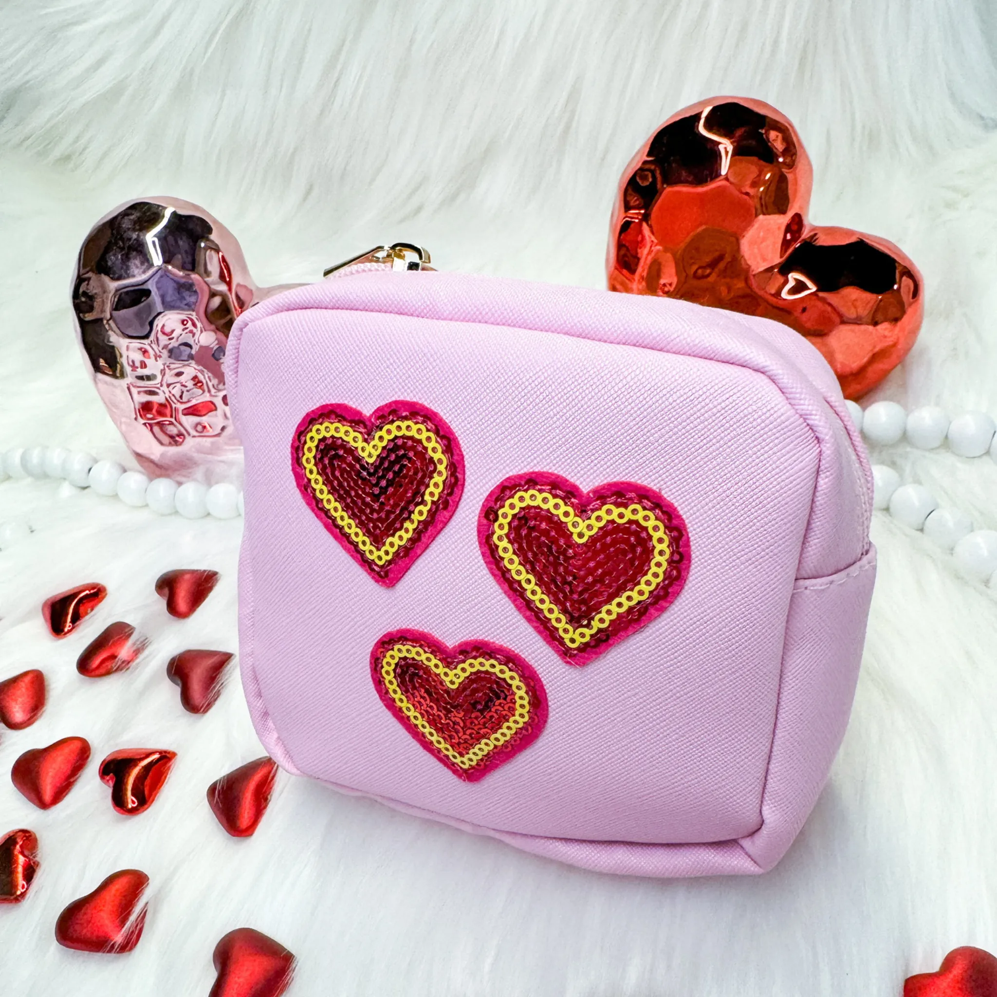Pink Sequin Heart Patch Bag