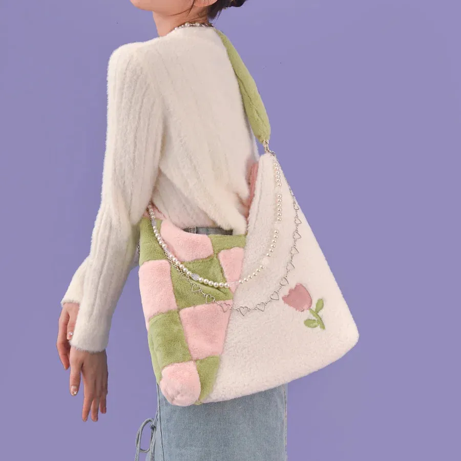 Plush Pink Spliced Large-capacity Bag S22417