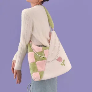 Plush Pink Spliced Large-capacity Bag S22417