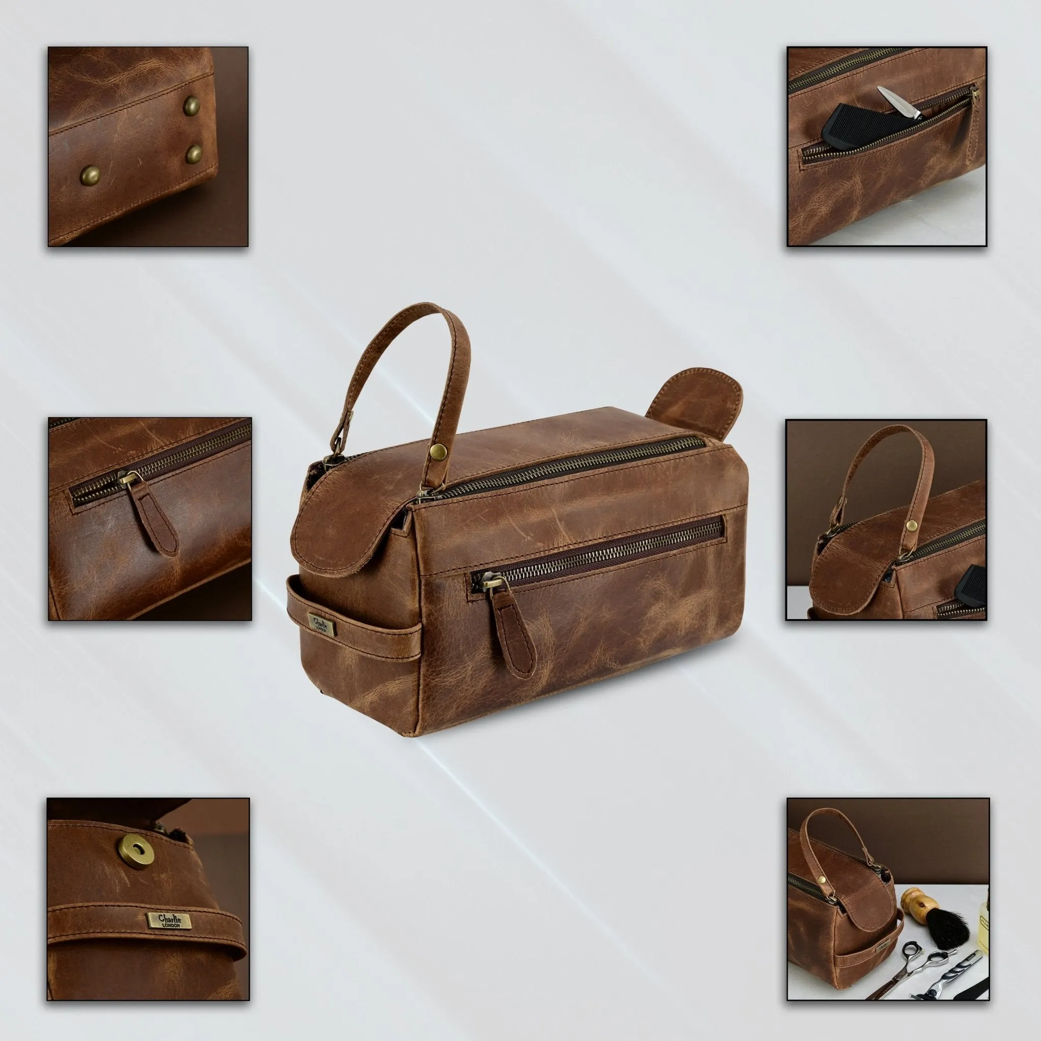 Premium Cowhide Leather Toiletry Bag Travel Dopp Kit Distressed Brown