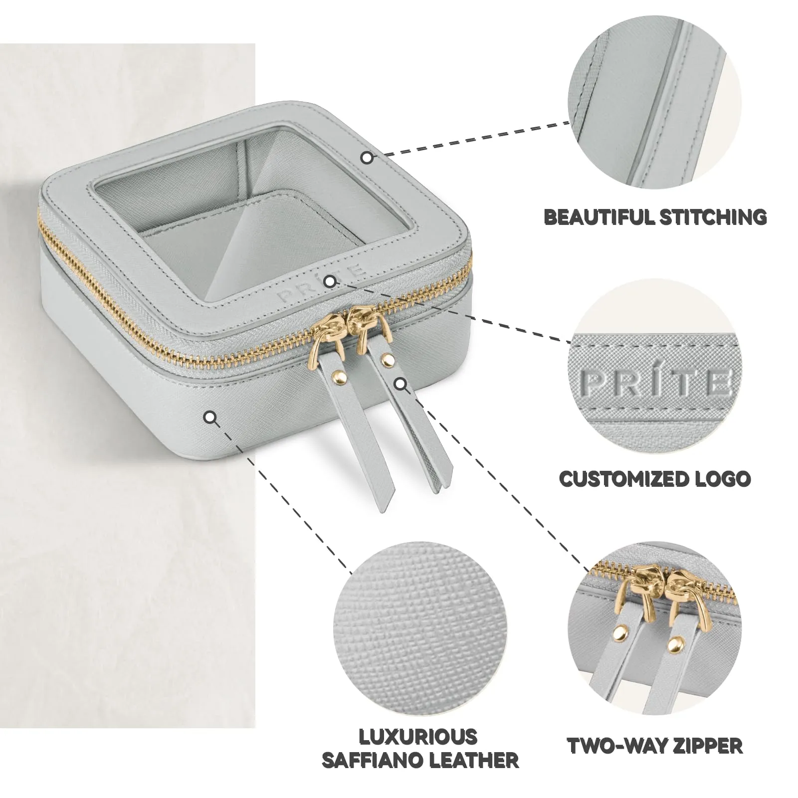 Prite Small Makeup Bag for Women Portable Clear Makeup Bag Cute Mini Waterproof Travel Cosmetic Bag with Gold Zipper for Car Essentials(Grey)