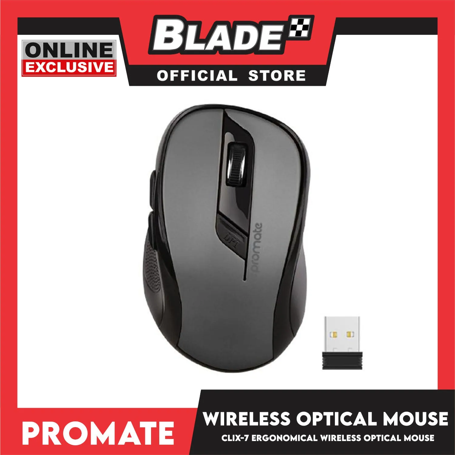 Promate Wireless Optical Mouse Ergonomic Clix-7 (Black)