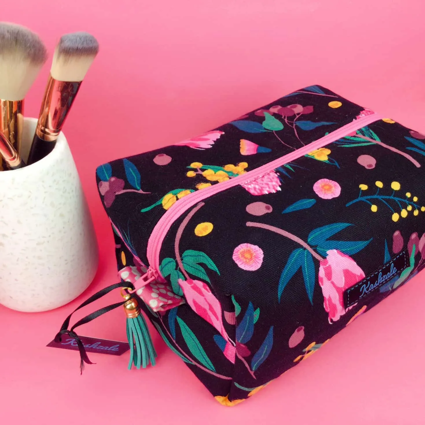 Protea Large Box Cosmetic Bag. Black and Pink