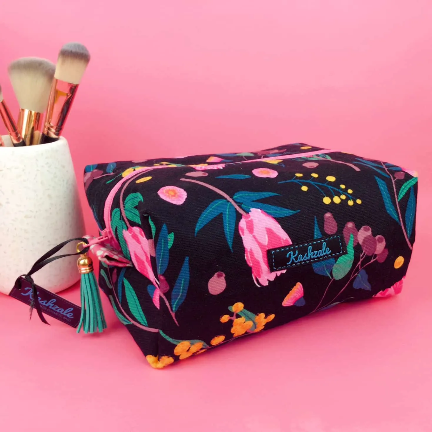 Protea Large Box Cosmetic Bag. Black and Pink