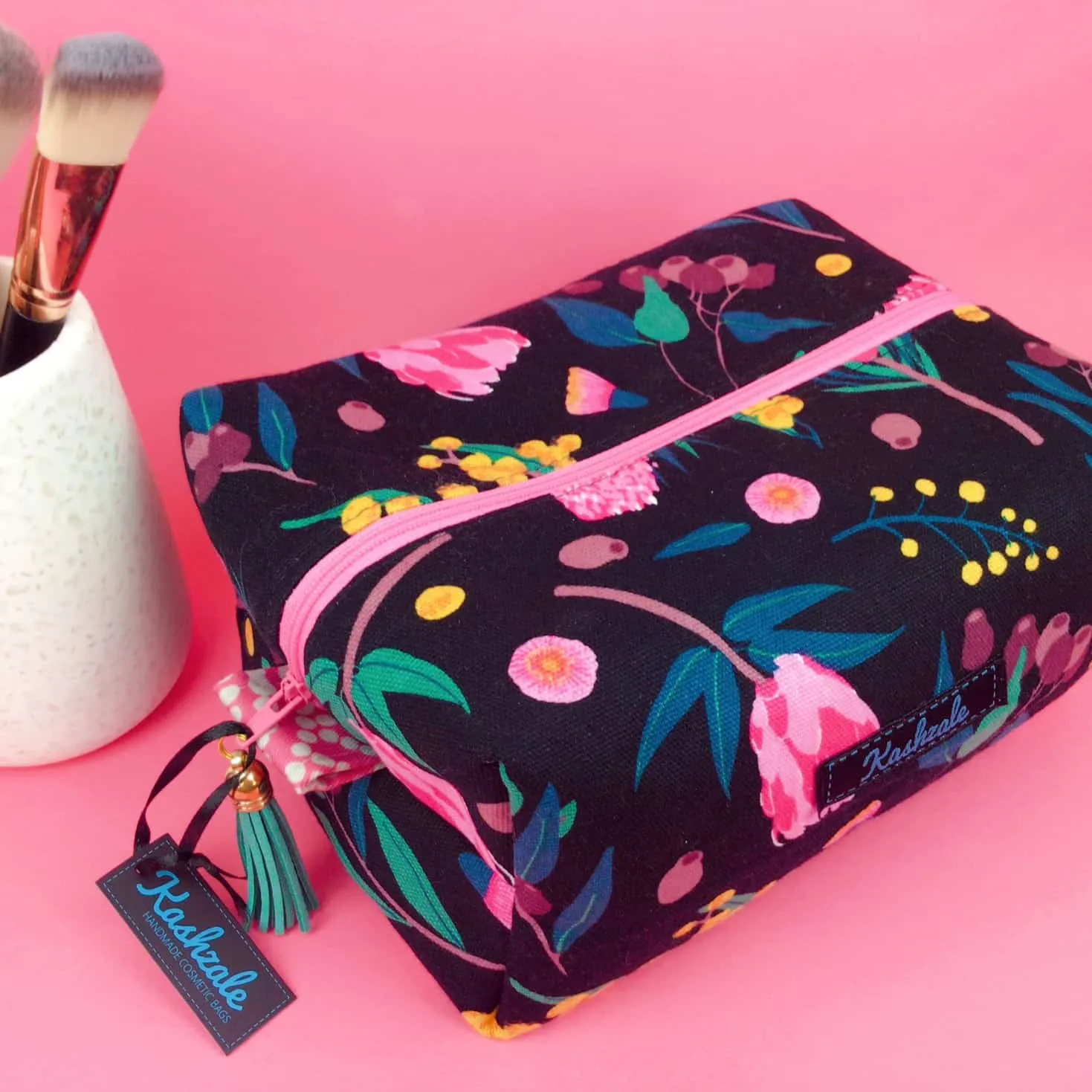 Protea Large Box Cosmetic Bag. Black and Pink