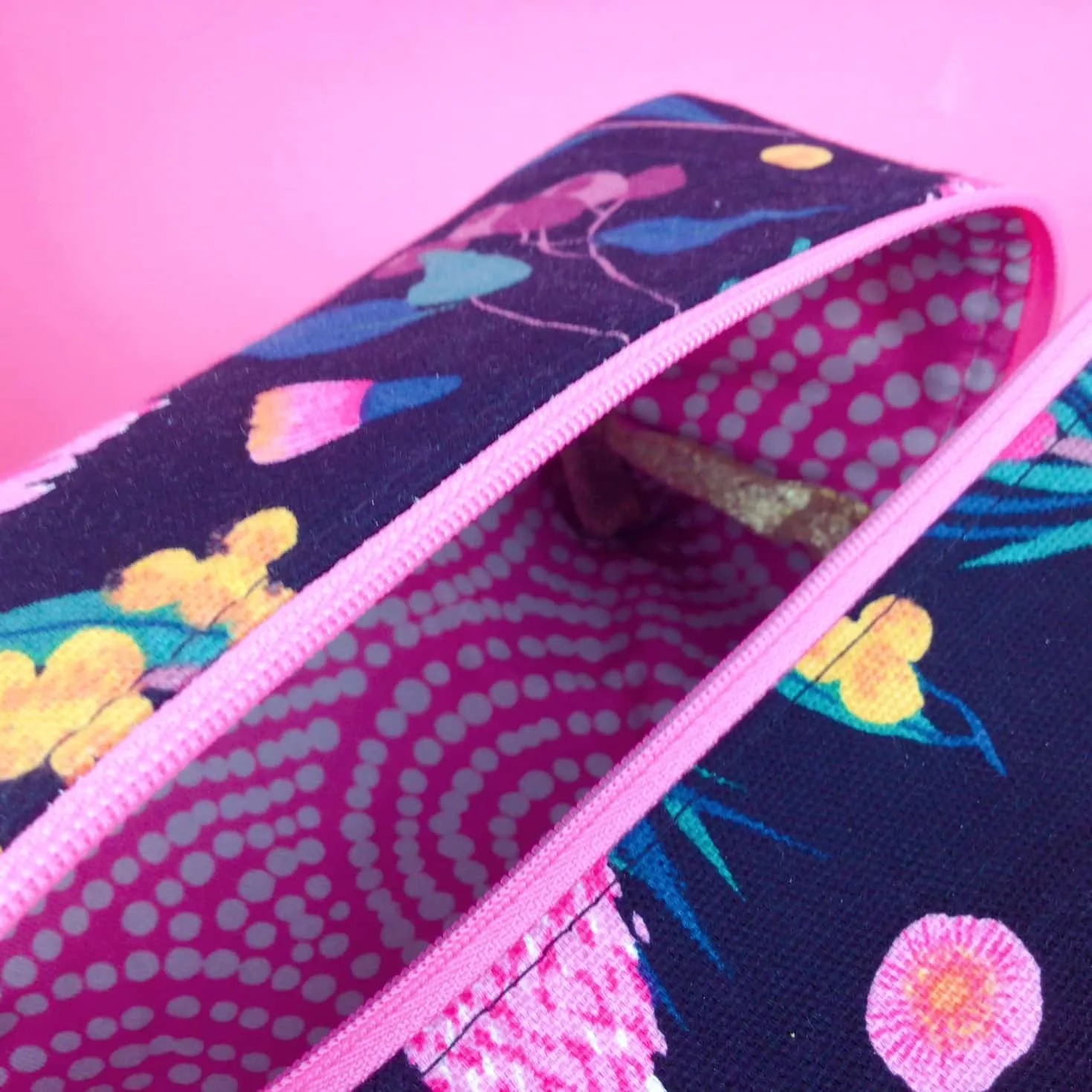 Protea Large Box Cosmetic Bag. Black and Pink