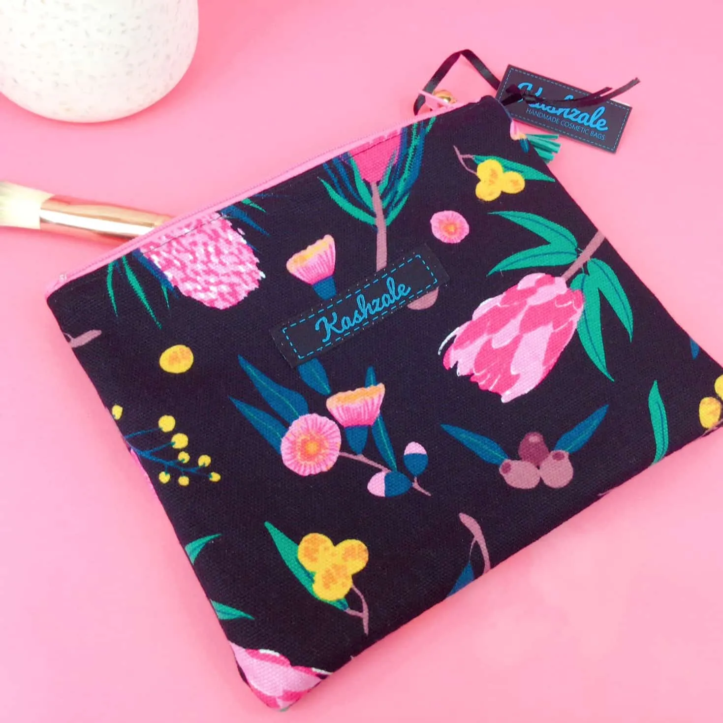 Protea Small Clutch, Small makeup bag. Black and Pink