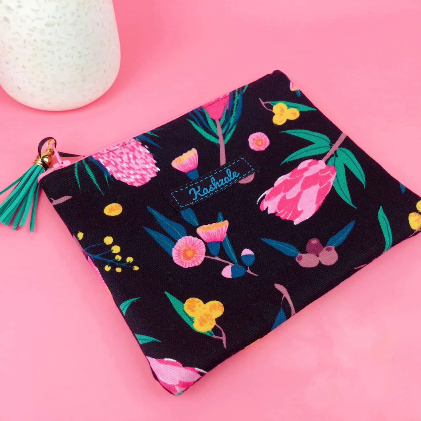 Protea Small Clutch, Small makeup bag. Black and Pink
