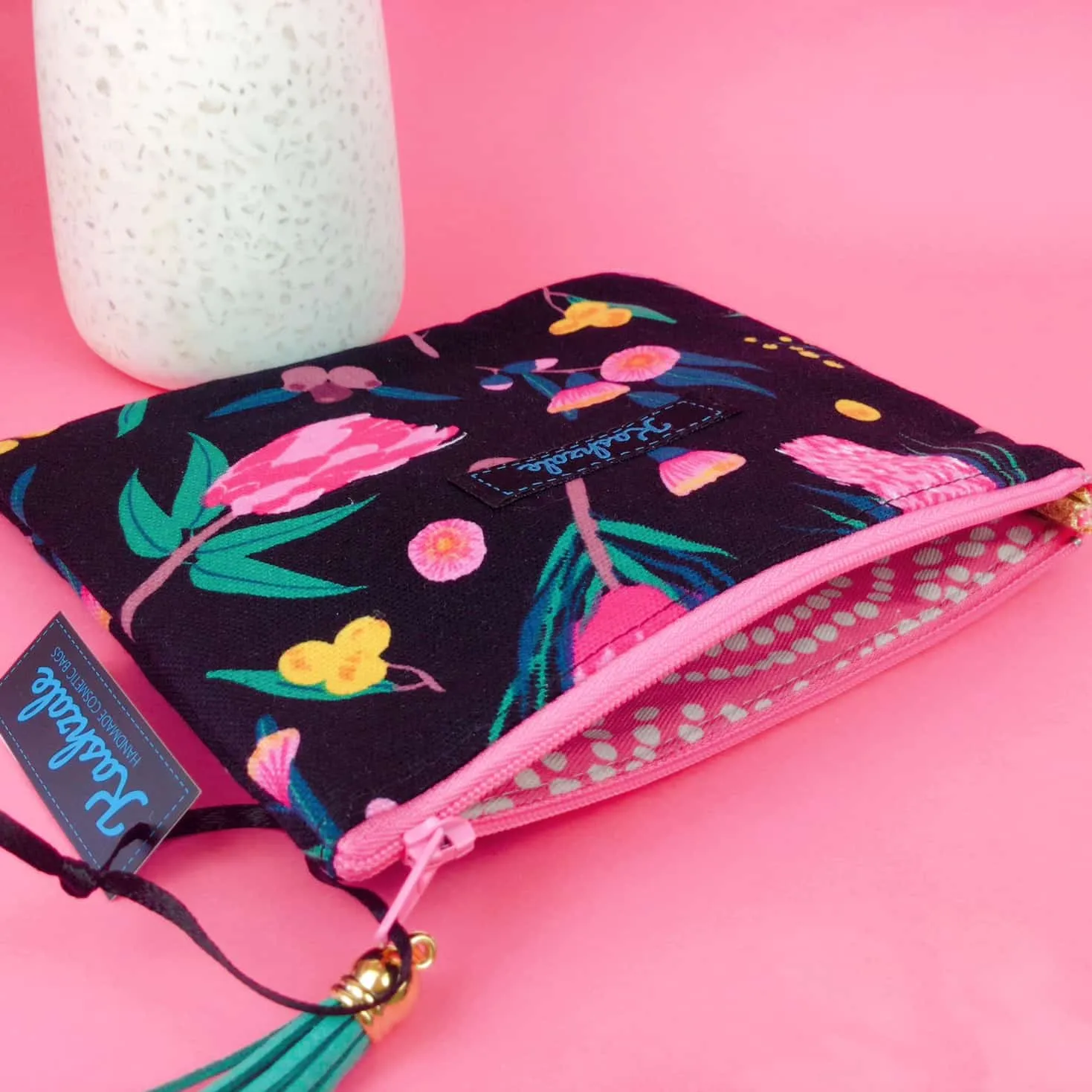 Protea Small Clutch, Small makeup bag. Black and Pink