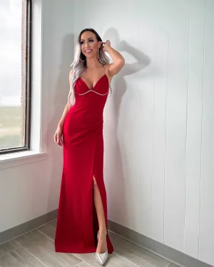 Radiant Rogue Slit Maxi Dress - Red