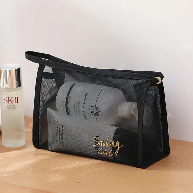 Realaiot 1Pc Black Mesh Women's Cosmetic Bag Transparent Travel Comsetics Brushes Organizer Beauty Case Small Large Toiletry Makeup Bag