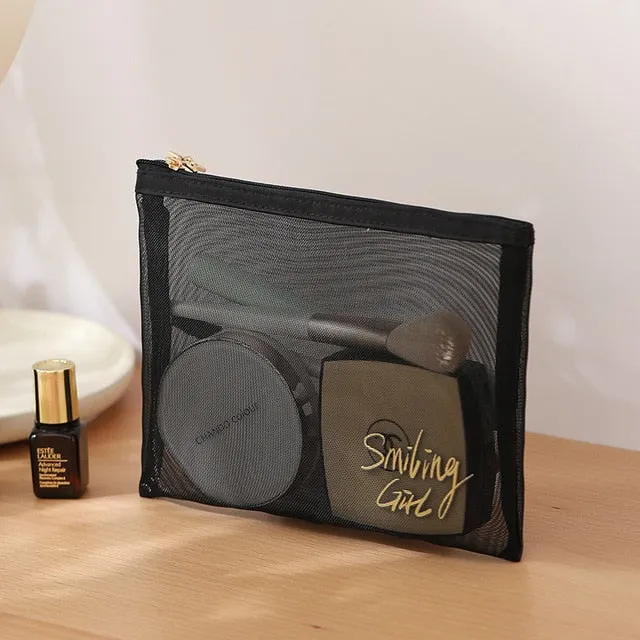 Realaiot 1Pc Black Mesh Women's Cosmetic Bag Transparent Travel Comsetics Brushes Organizer Beauty Case Small Large Toiletry Makeup Bag