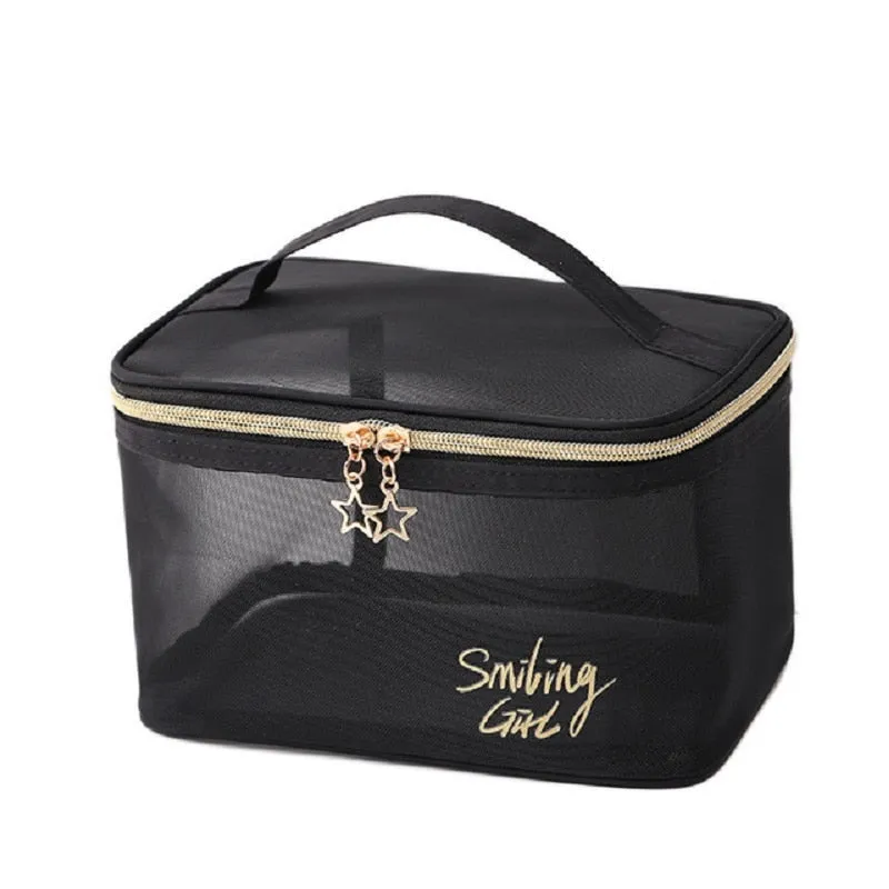 Realaiot 1Pc Black Mesh Women's Cosmetic Bag Transparent Travel Comsetics Brushes Organizer Beauty Case Small Large Toiletry Makeup Bag