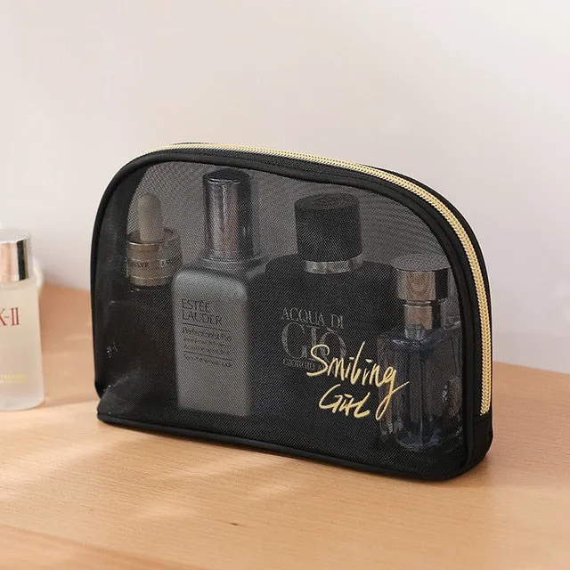 Realaiot 1Pc Black Mesh Women's Cosmetic Bag Transparent Travel Comsetics Brushes Organizer Beauty Case Small Large Toiletry Makeup Bag