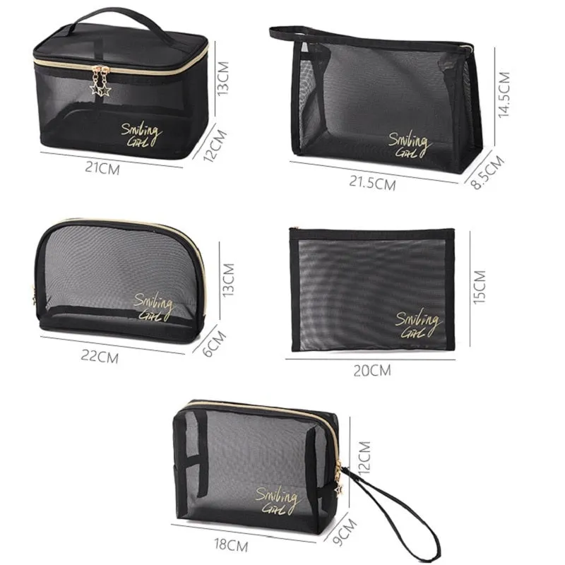 Realaiot 1Pc Black Mesh Women's Cosmetic Bag Transparent Travel Comsetics Brushes Organizer Beauty Case Small Large Toiletry Makeup Bag