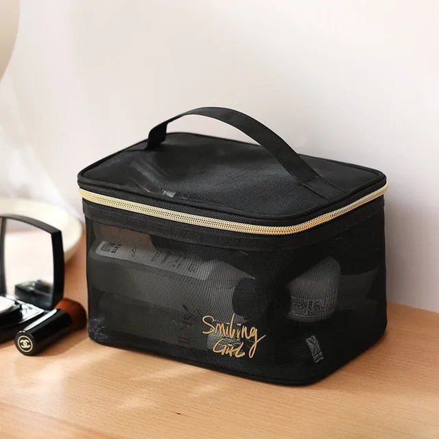 Realaiot 1Pc Black Mesh Women's Cosmetic Bag Transparent Travel Comsetics Brushes Organizer Beauty Case Small Large Toiletry Makeup Bag