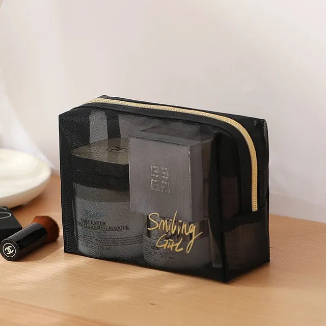 Realaiot 1Pc Black Mesh Women's Cosmetic Bag Transparent Travel Comsetics Brushes Organizer Beauty Case Small Large Toiletry Makeup Bag