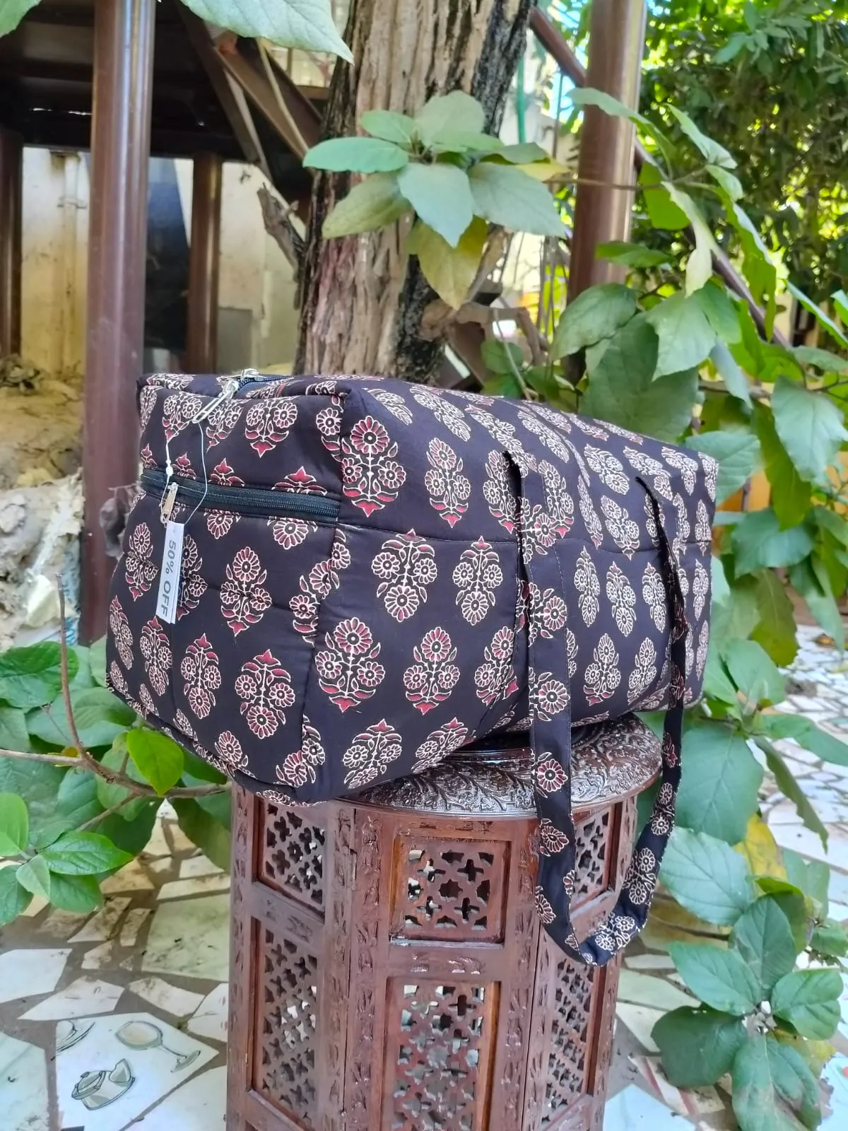 Rectangle Travel Bag Black ethnic print