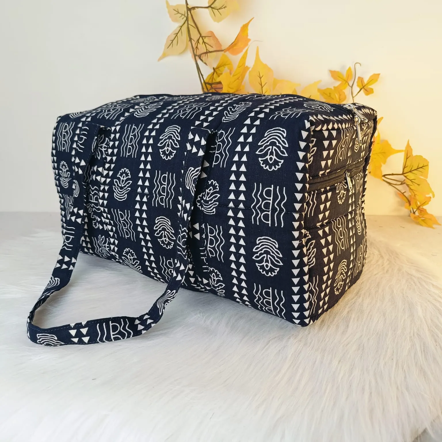Rectangle Travel Bag Black with White Geometric Design.