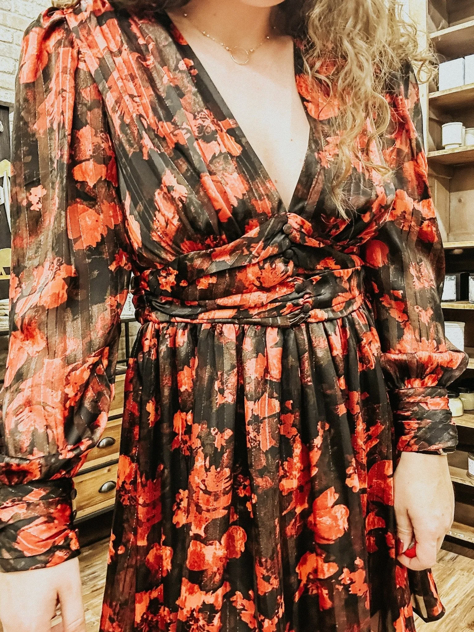 Red Floral Long Sleeve Mini Dress