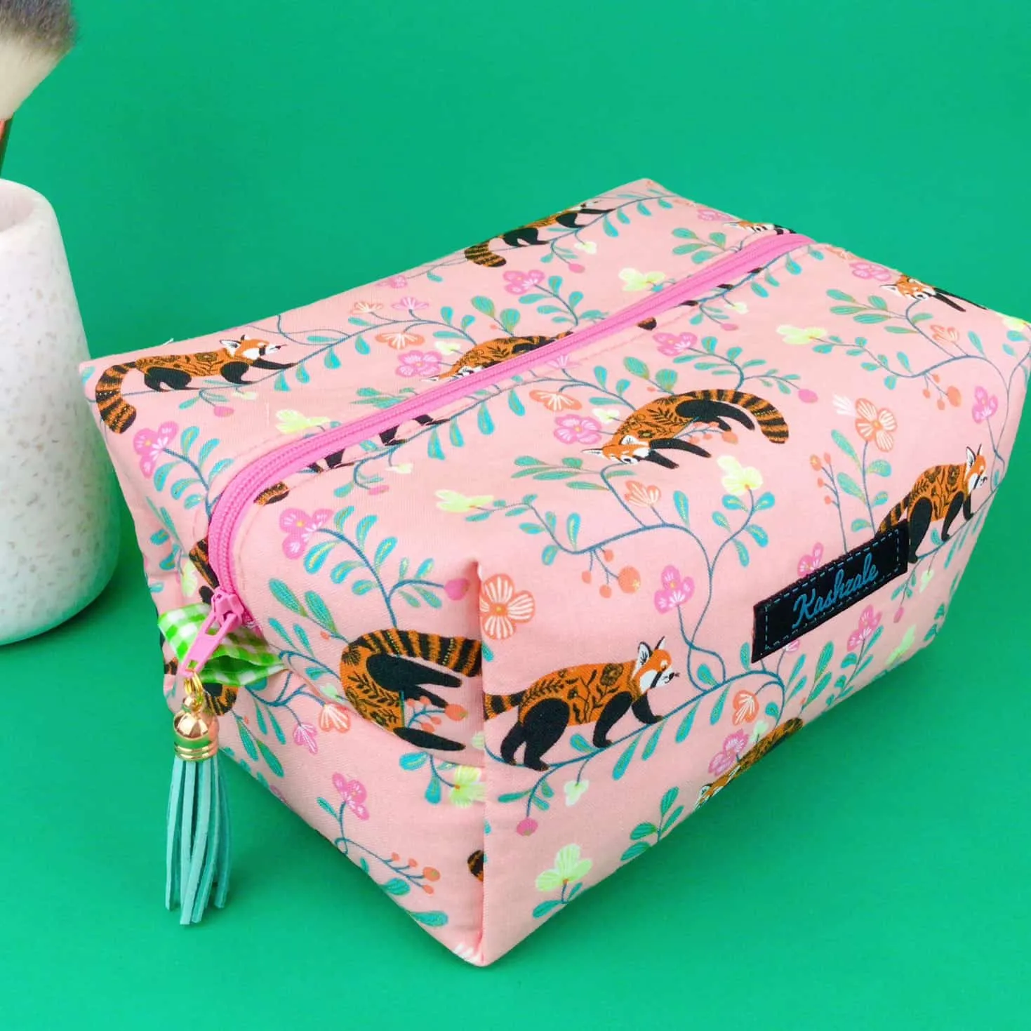 Red Panda Large Box Cosmetic Bag. Coral Makeup Bag.