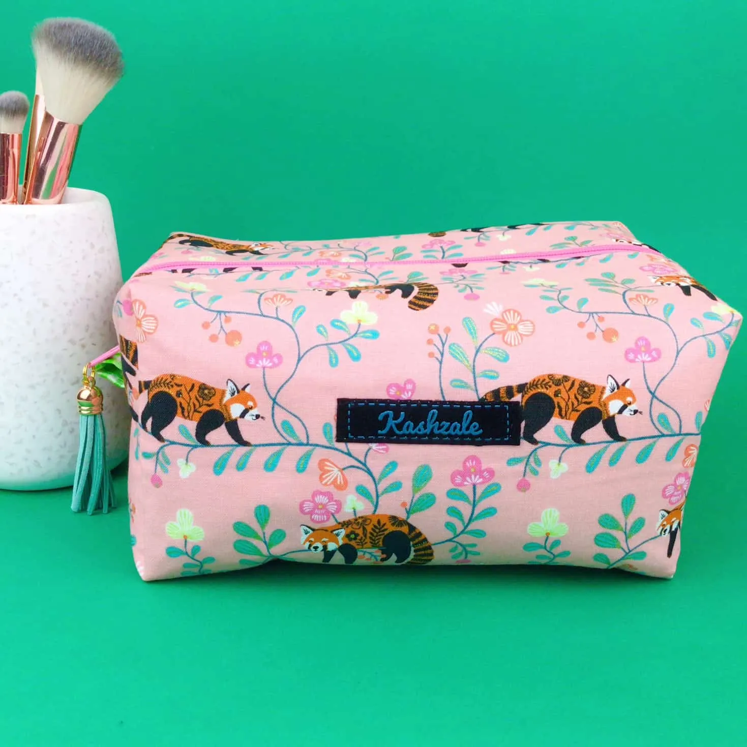Red Panda Large Box Cosmetic Bag. Coral Makeup Bag.