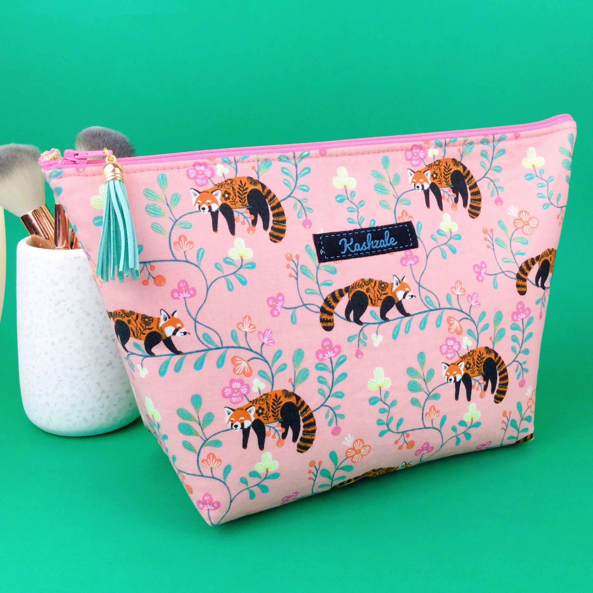 Red Panda Large Makeup Bag. Coral Makeup Bag.