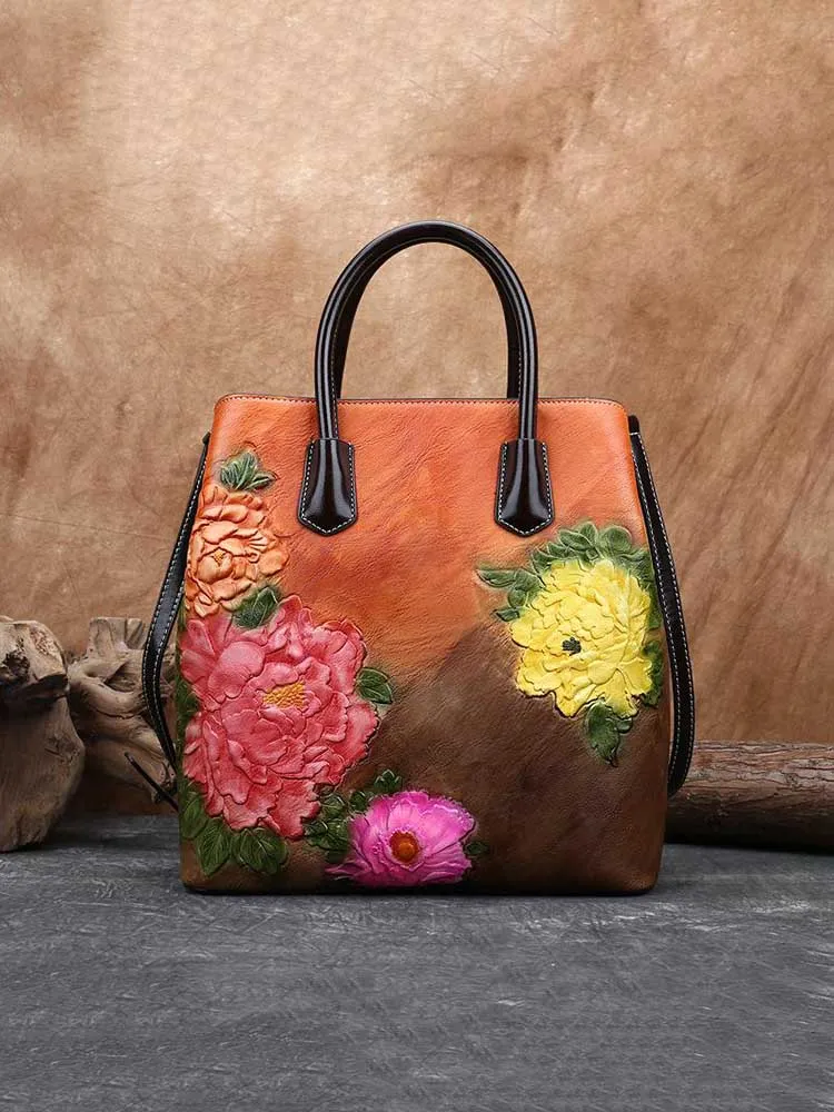 Retro Embossed Women Bucket Bag Handmade Floral Leather Handbag Large Capacity Shoulder Bags