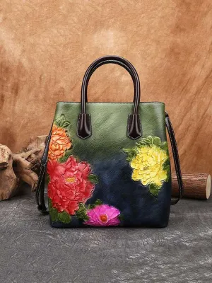 Retro Embossed Women Bucket Bag Handmade Floral Leather Handbag Large Capacity Shoulder Bags