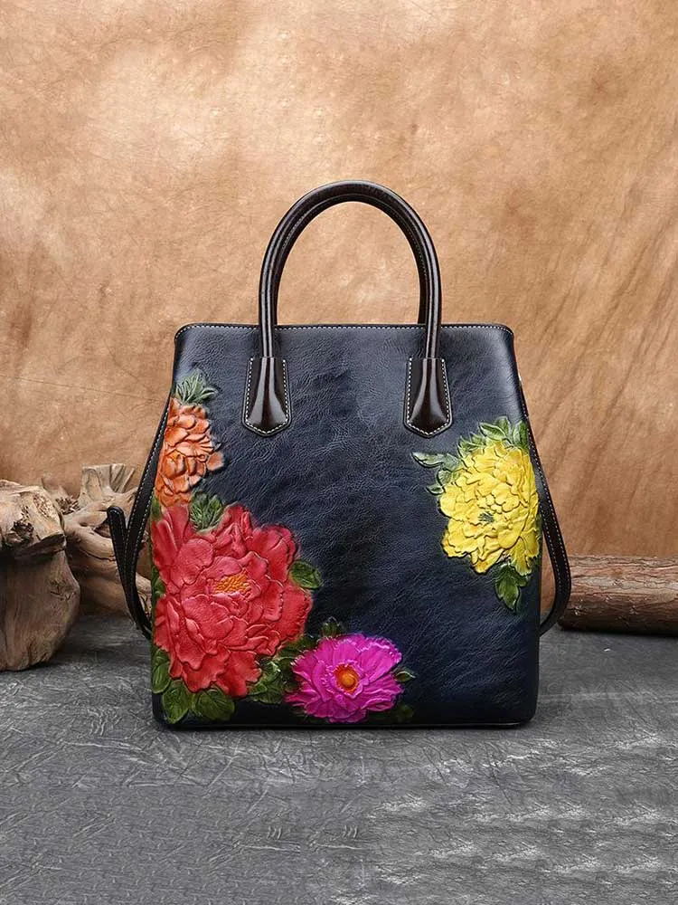 Retro Embossed Women Bucket Bag Handmade Floral Leather Handbag Large Capacity Shoulder Bags