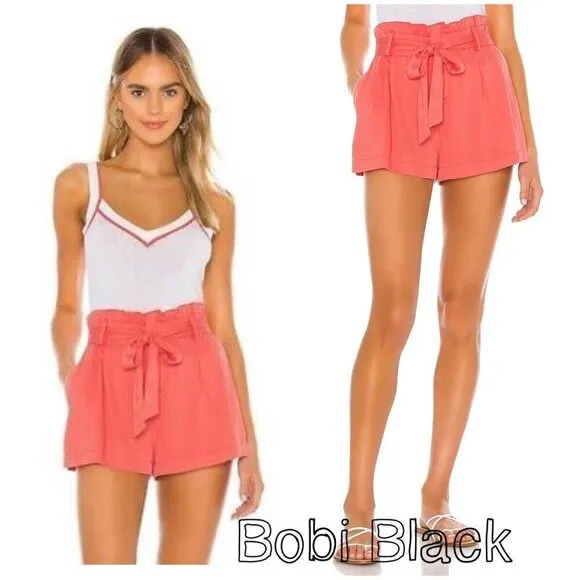 REVOLVE Bobi Black Paper Bag Shorts Large Coral High Waist Tie Summer